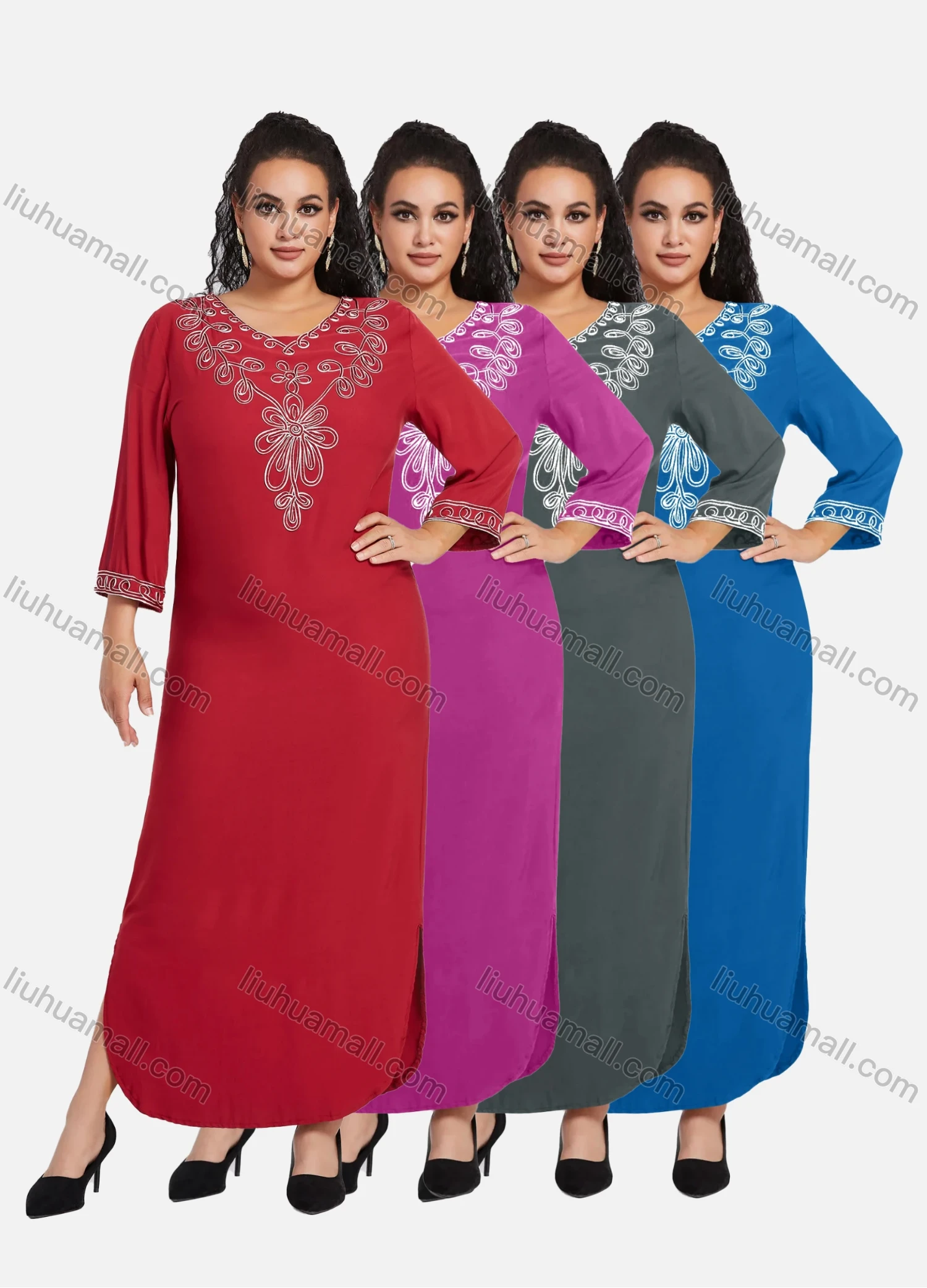 Wholesale Women's African Embroidery Robe 3/4 Sleeve Split Side Floral Curved Hem Maxi Dress - Liuhuamall