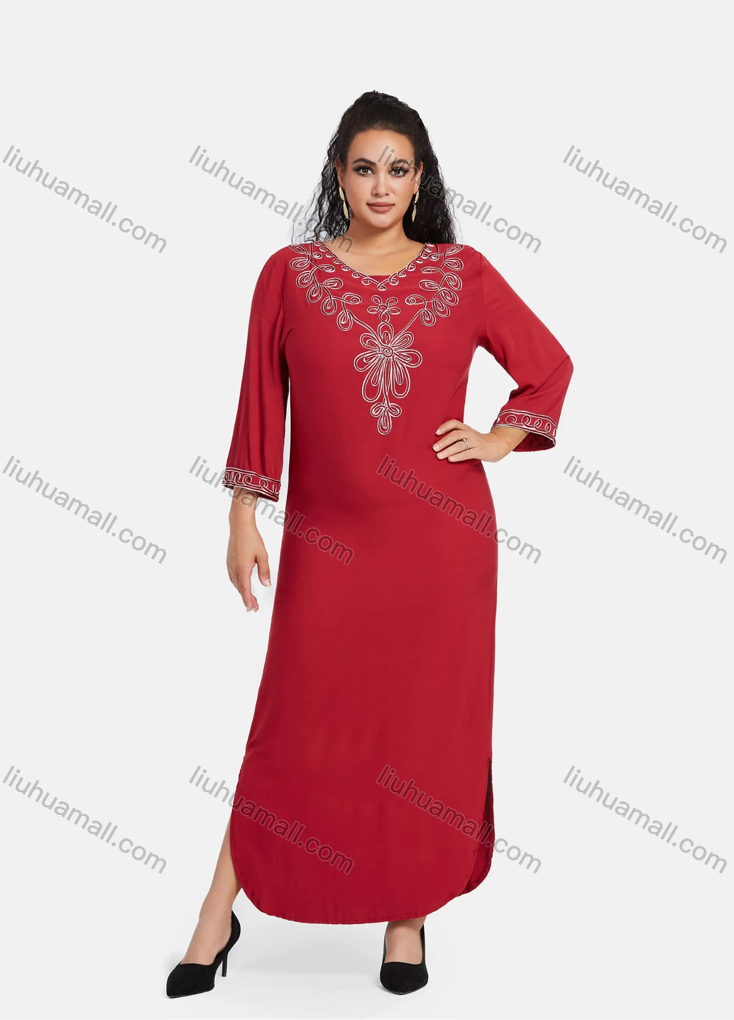 Wholesale Women's African Embroidery Robe 3/4 Sleeve Split Side Floral Curved Hem Maxi Dress - Liuhuamall