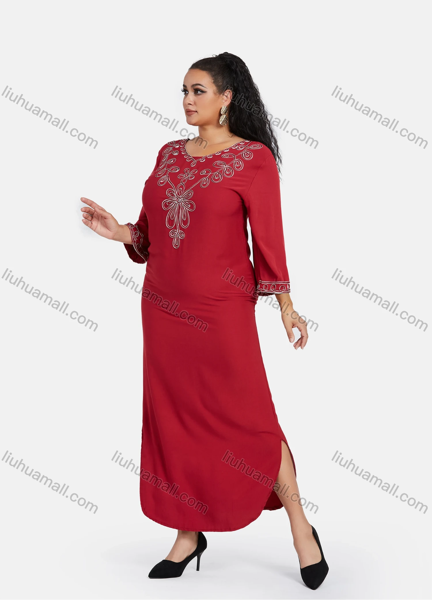 Wholesale Women's African Embroidery Robe 3/4 Sleeve Split Side Floral Curved Hem Maxi Dress - Liuhuamall