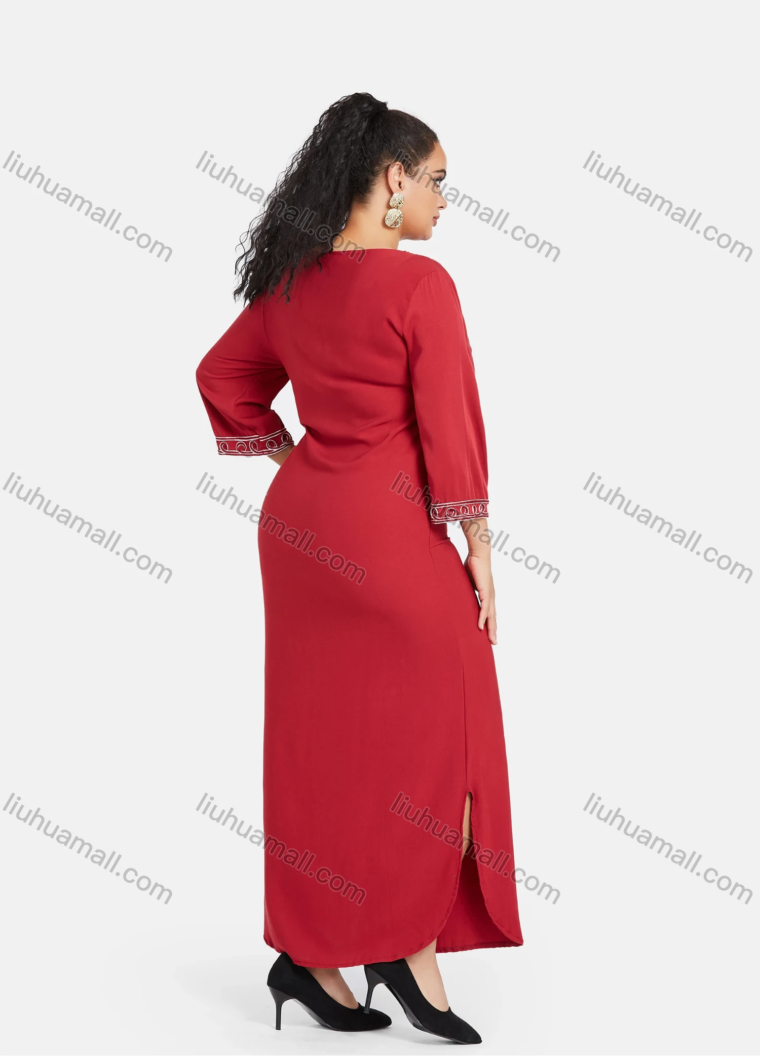 Wholesale Women's African Embroidery Robe 3/4 Sleeve Split Side Floral Curved Hem Maxi Dress - Liuhuamall