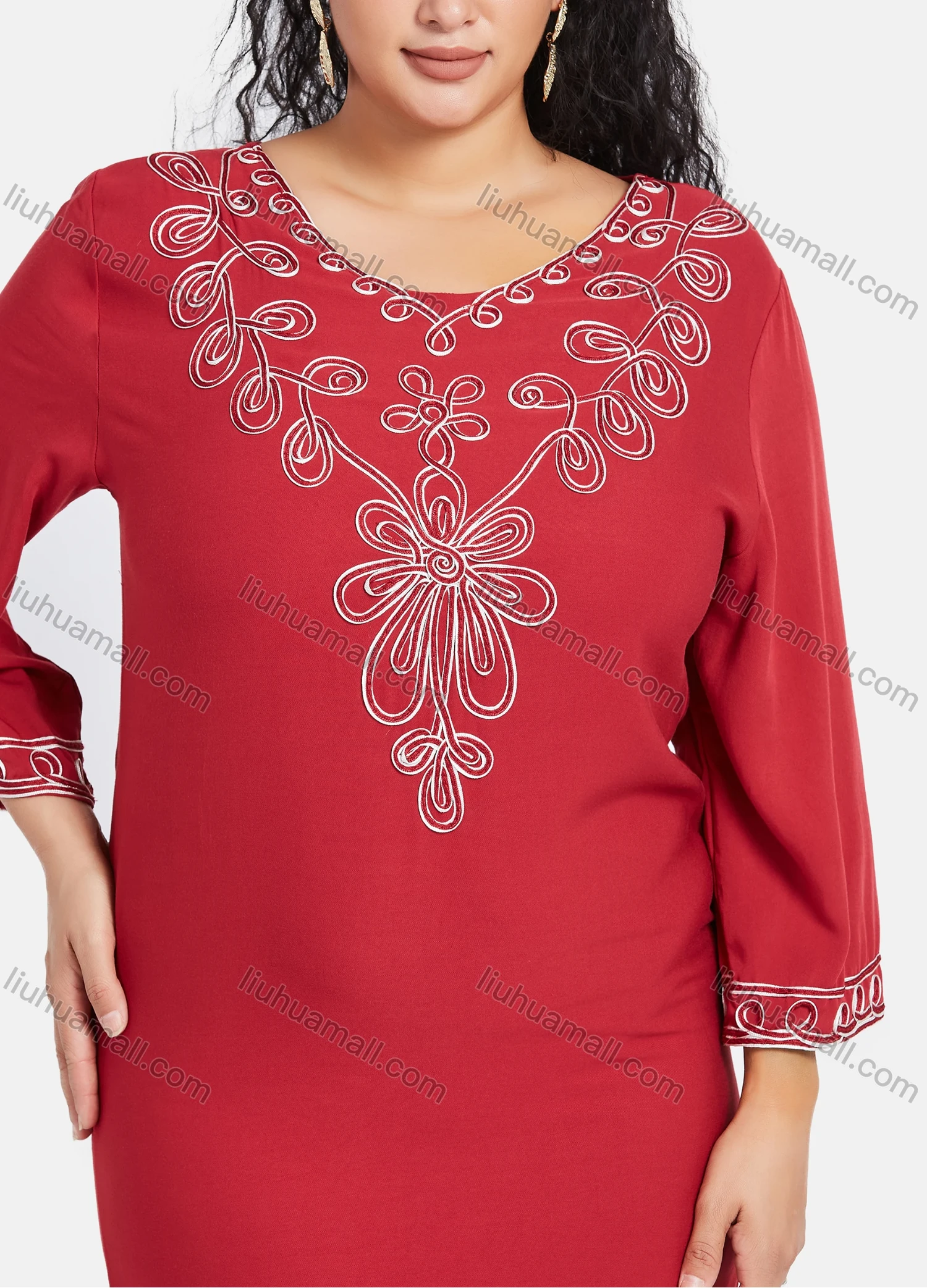 Wholesale Women's African Embroidery Robe 3/4 Sleeve Split Side Floral Curved Hem Maxi Dress - Liuhuamall