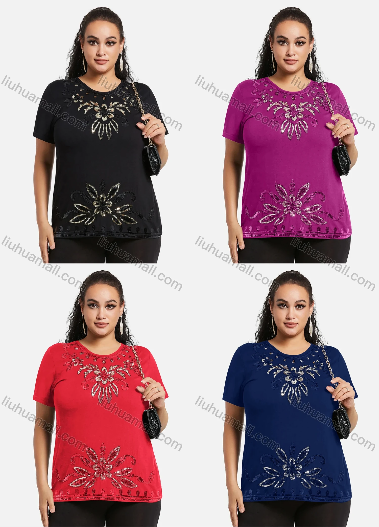 Wholesale Women's Elegant Round Neck Floral Sequin Embroidery Short Sleeve T-Shirt - Liuhuamall