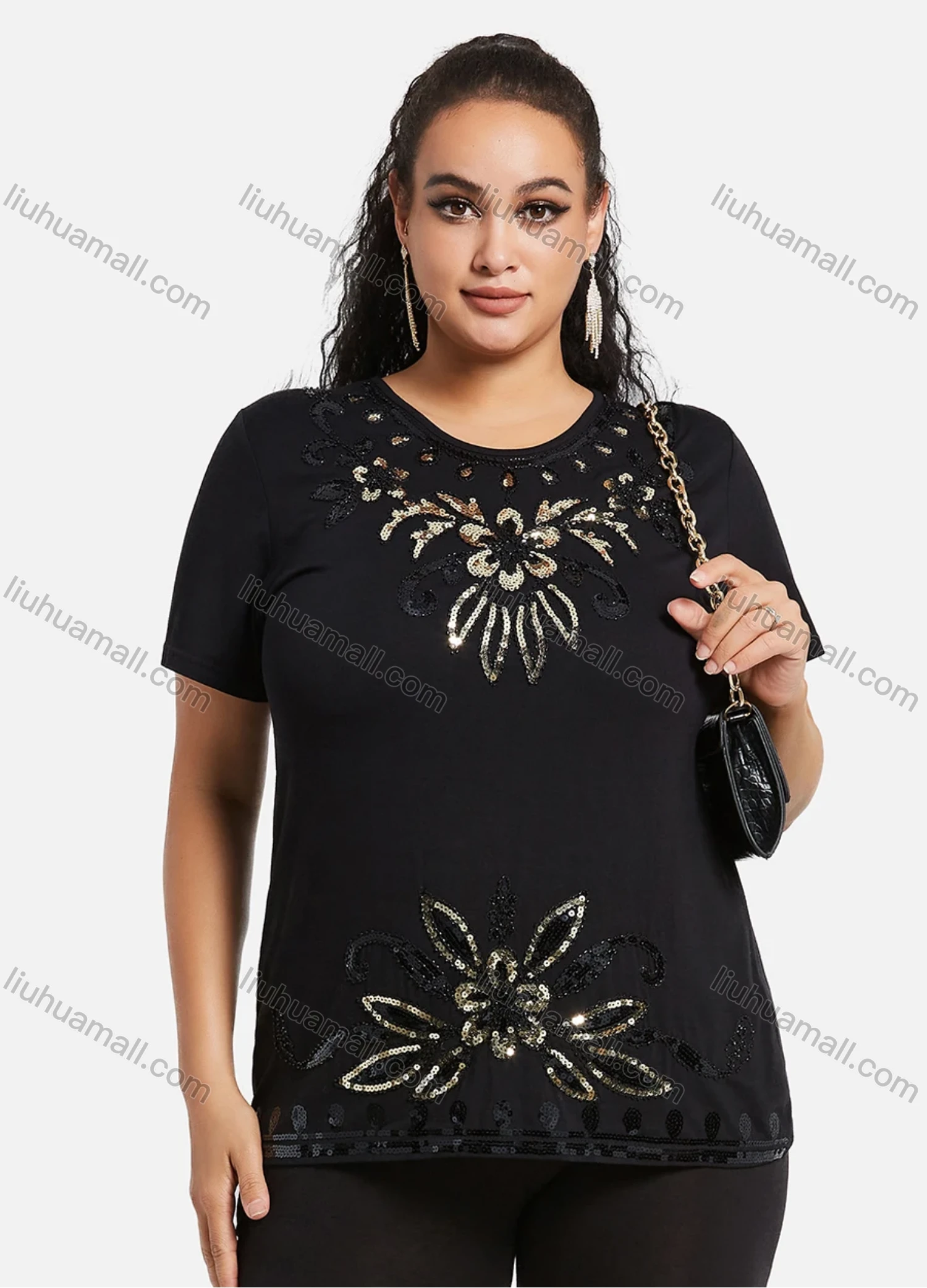 Wholesale Women's Elegant Round Neck Floral Sequin Embroidery Short Sleeve T-Shirt - Liuhuamall