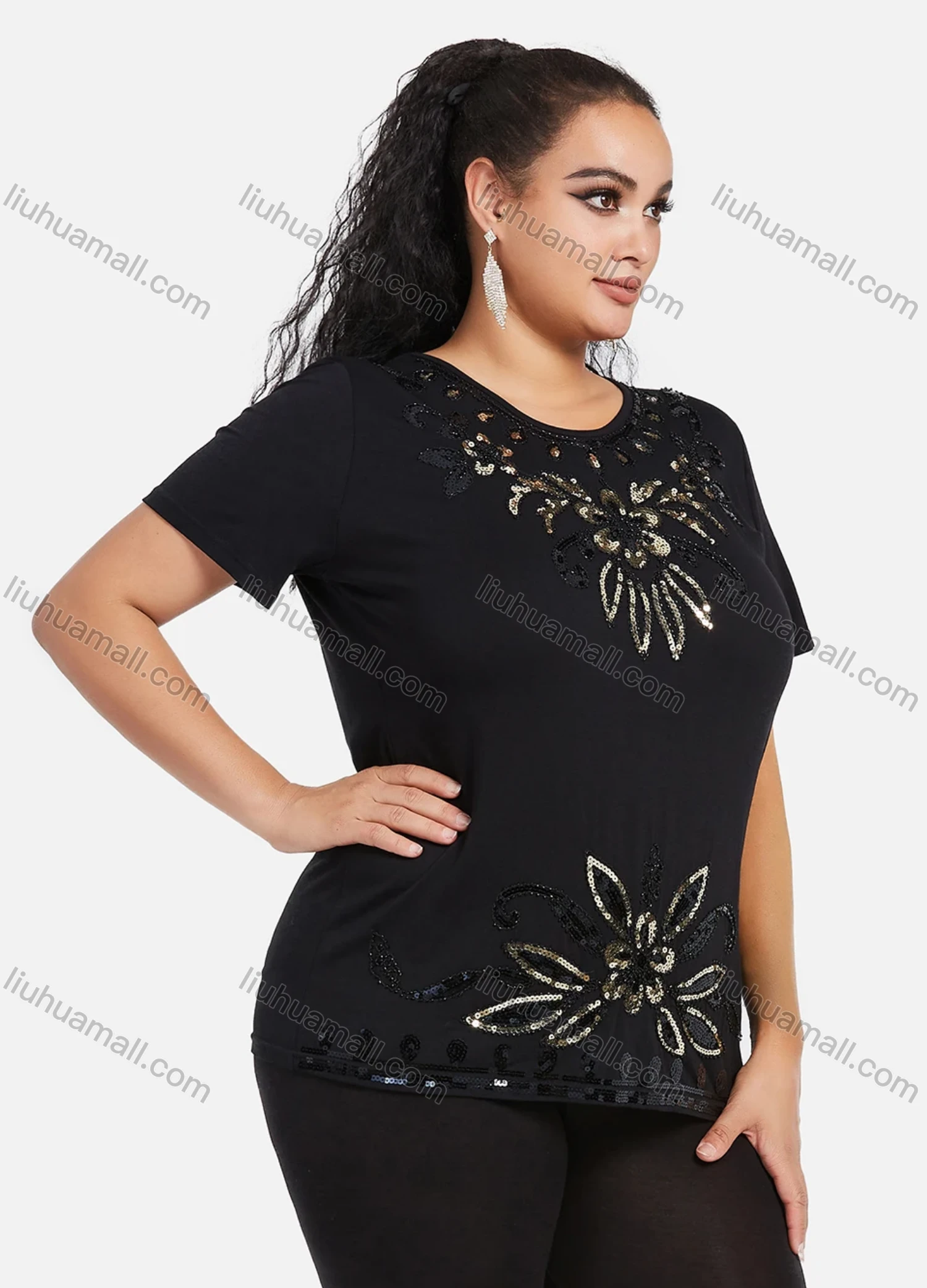 Wholesale Women's Elegant Round Neck Floral Sequin Embroidery Short Sleeve T-Shirt - Liuhuamall