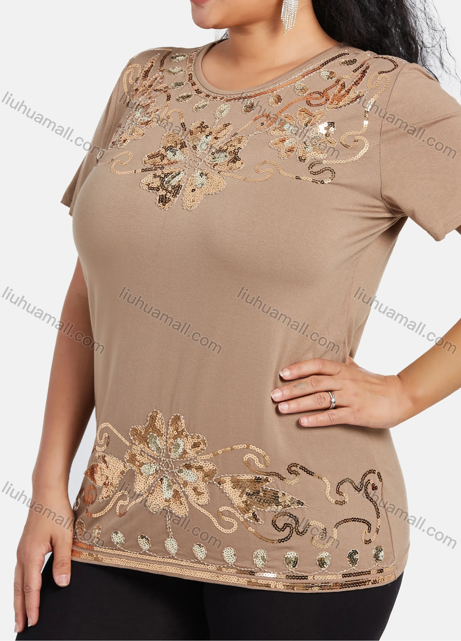 Wholesale Women's Elegant Round Neck Floral Sequin Embroidery Short Sleeve T-Shirt - Liuhuamall