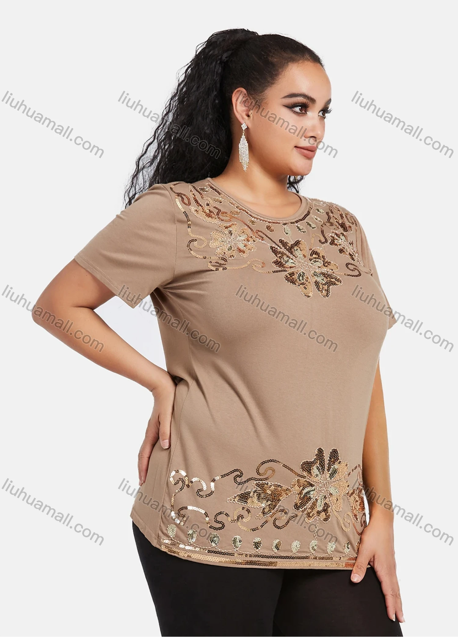 Wholesale Women's Elegant Round Neck Floral Sequin Embroidery Short Sleeve T-Shirt - Liuhuamall