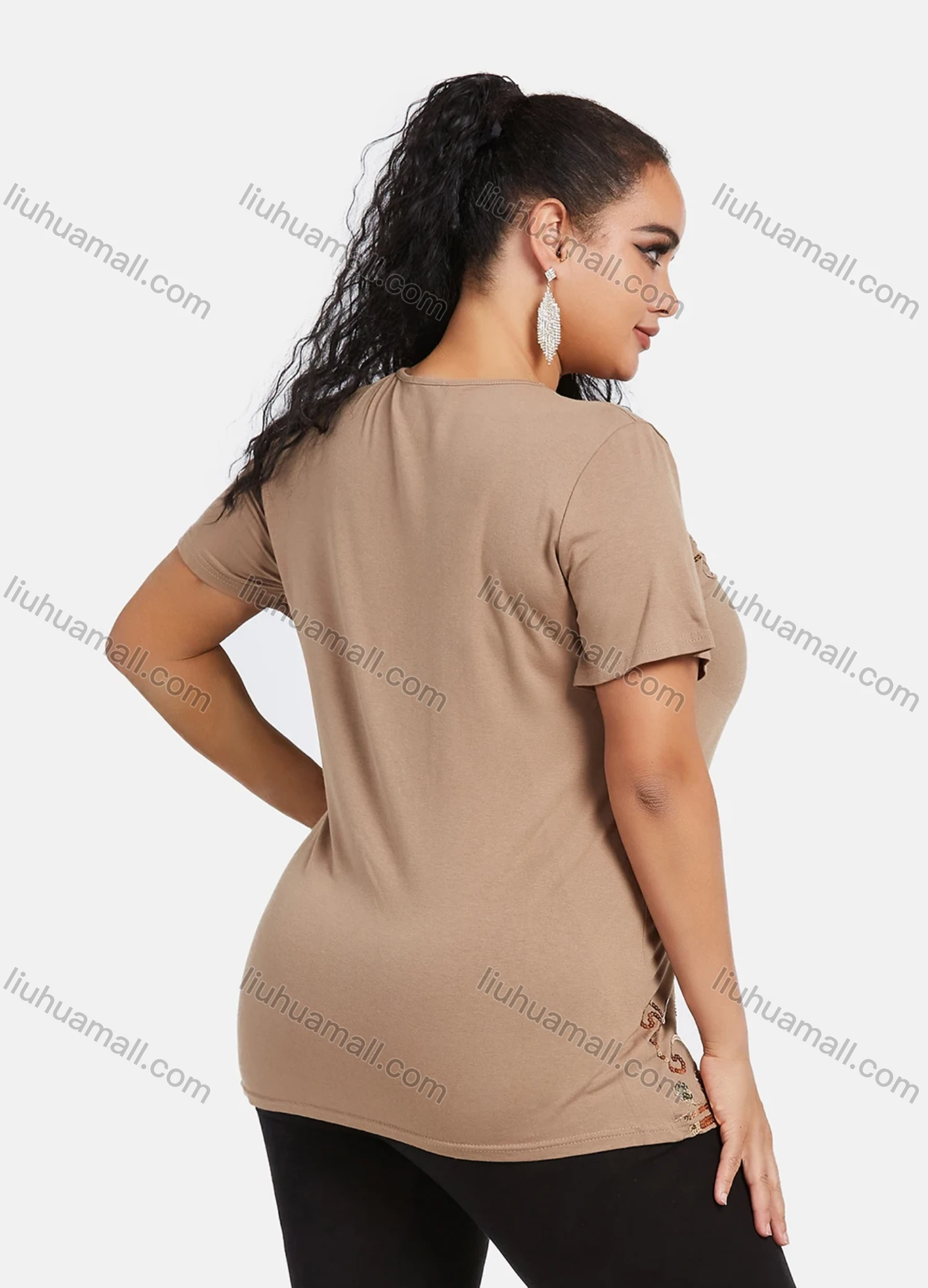 Wholesale Women's Elegant Round Neck Floral Sequin Embroidery Short Sleeve T-Shirt - Liuhuamall