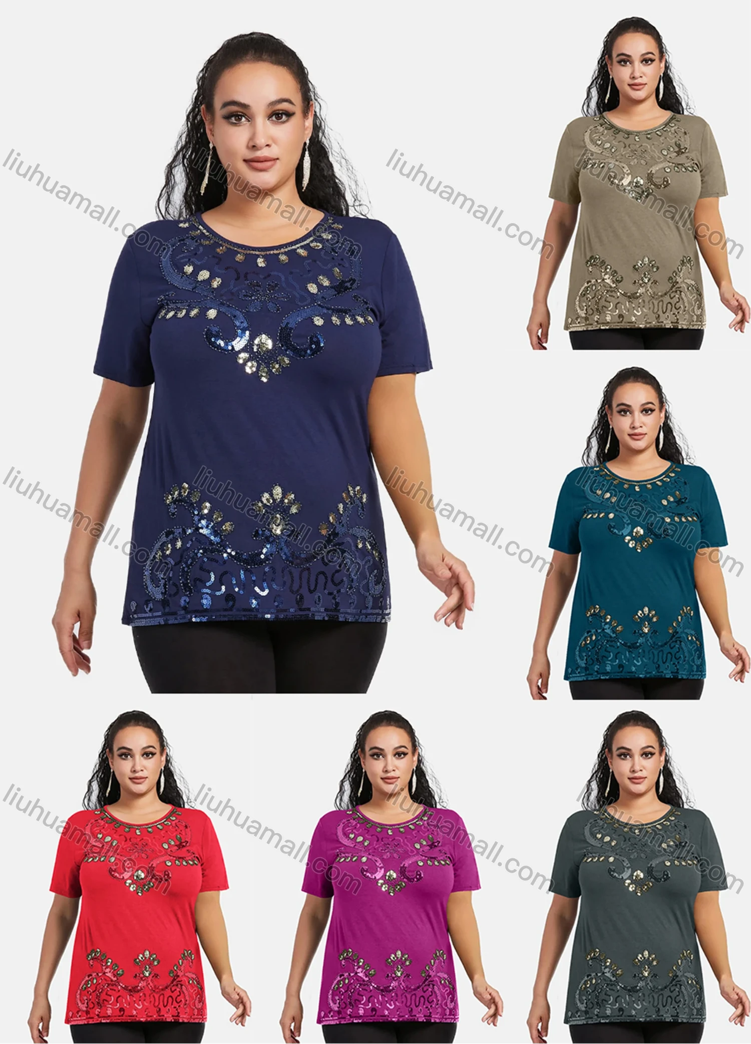 Wholesale Women's Elegant Round Neck Floral Sequin Embroidery Short Sleeve T-Shirt - Liuhuamall