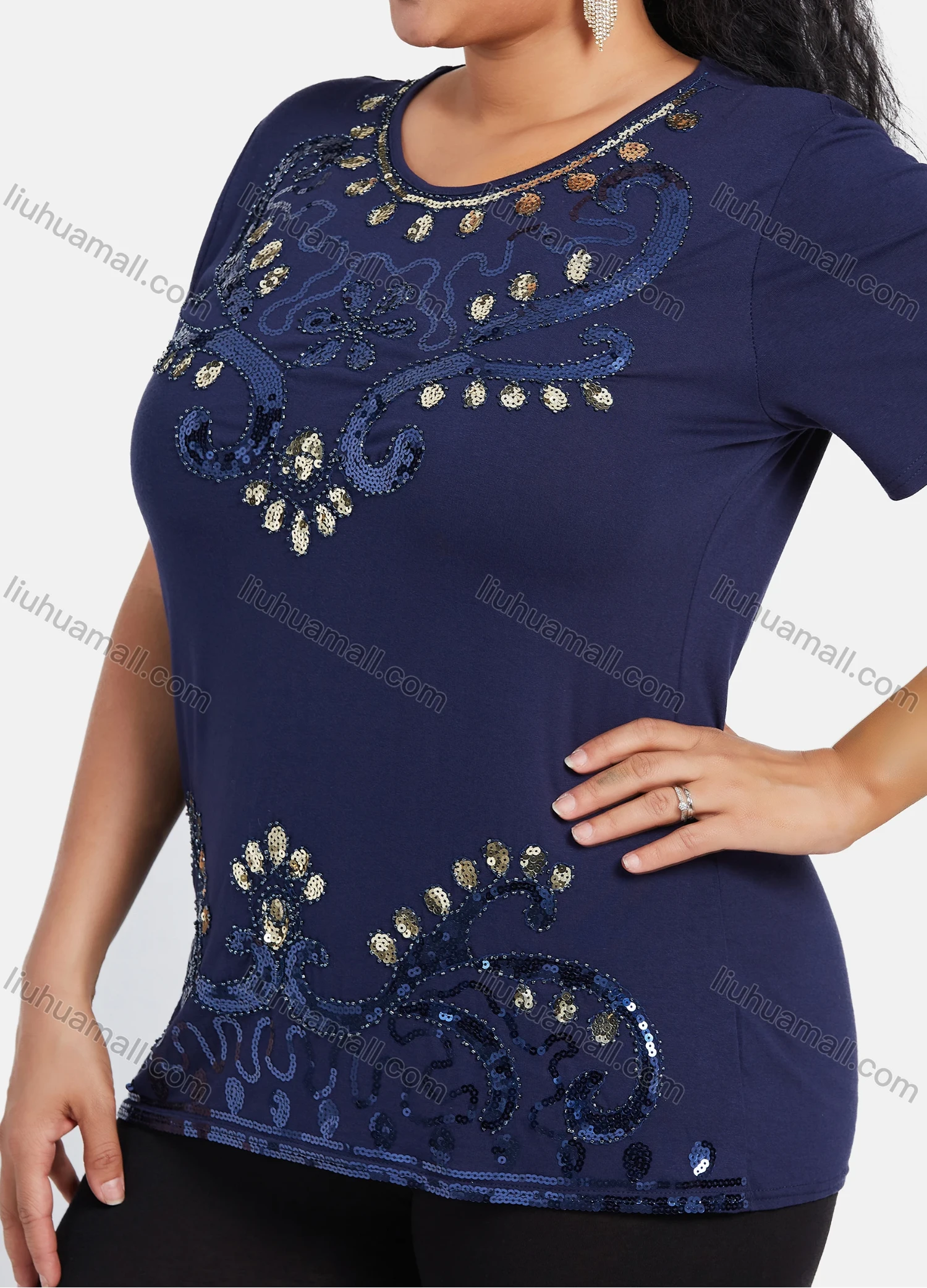 Wholesale Women's Elegant Round Neck Floral Sequin Embroidery Short Sleeve T-Shirt - Liuhuamall