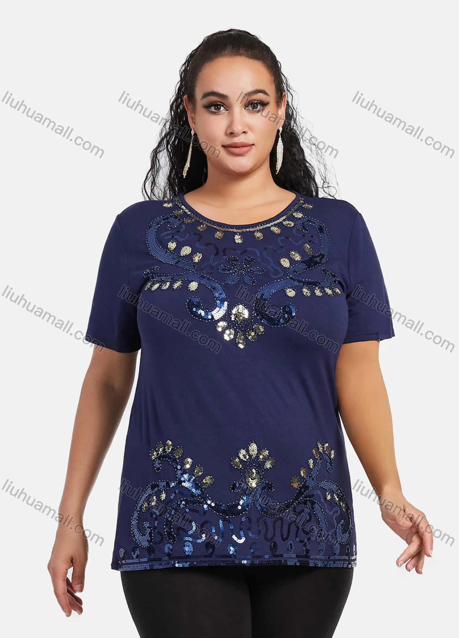Wholesale Women's Elegant Round Neck Floral Sequin Embroidery Short Sleeve T-Shirt - Liuhuamall