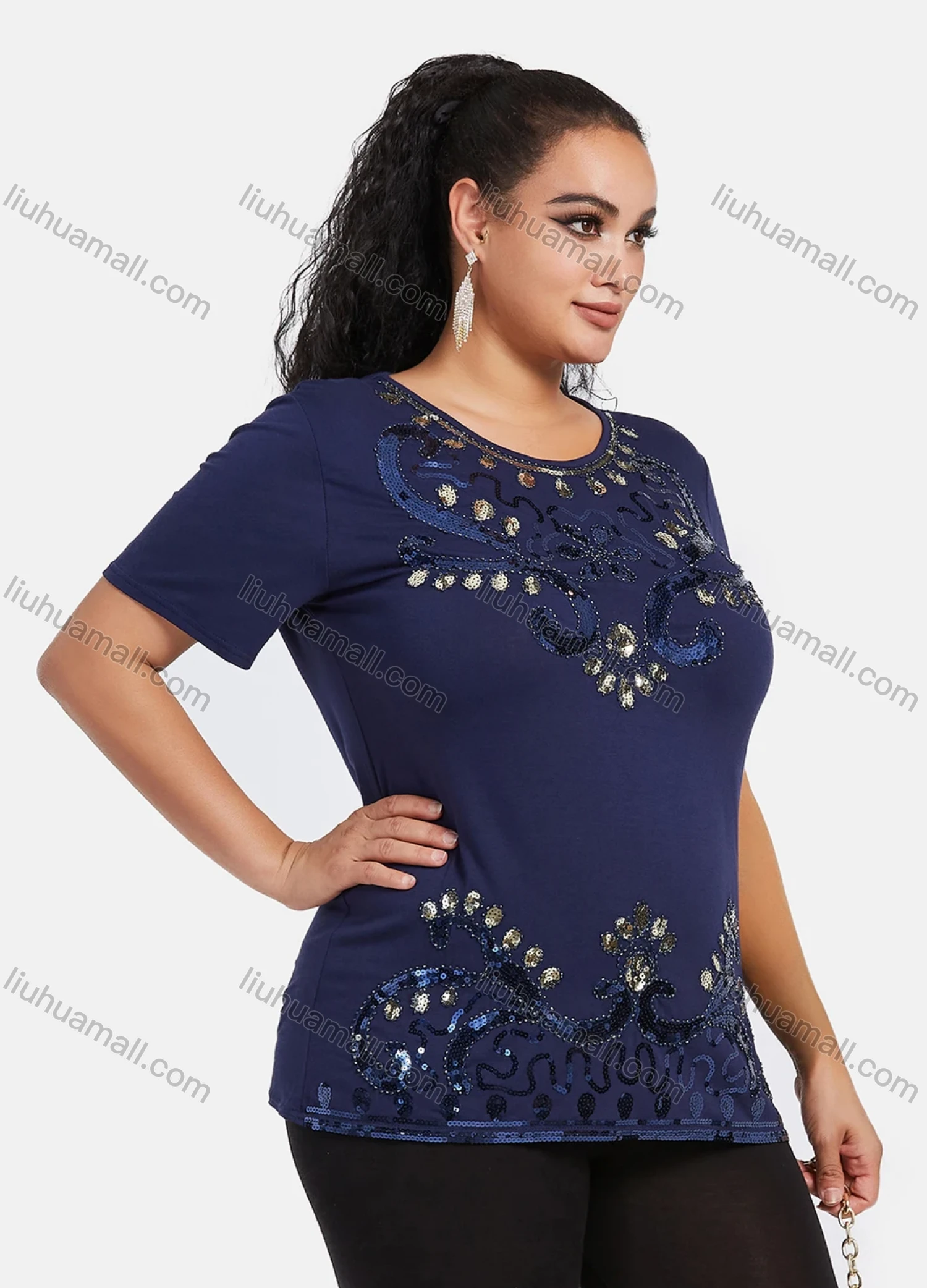 Wholesale Women's Elegant Round Neck Floral Sequin Embroidery Short Sleeve T-Shirt - Liuhuamall