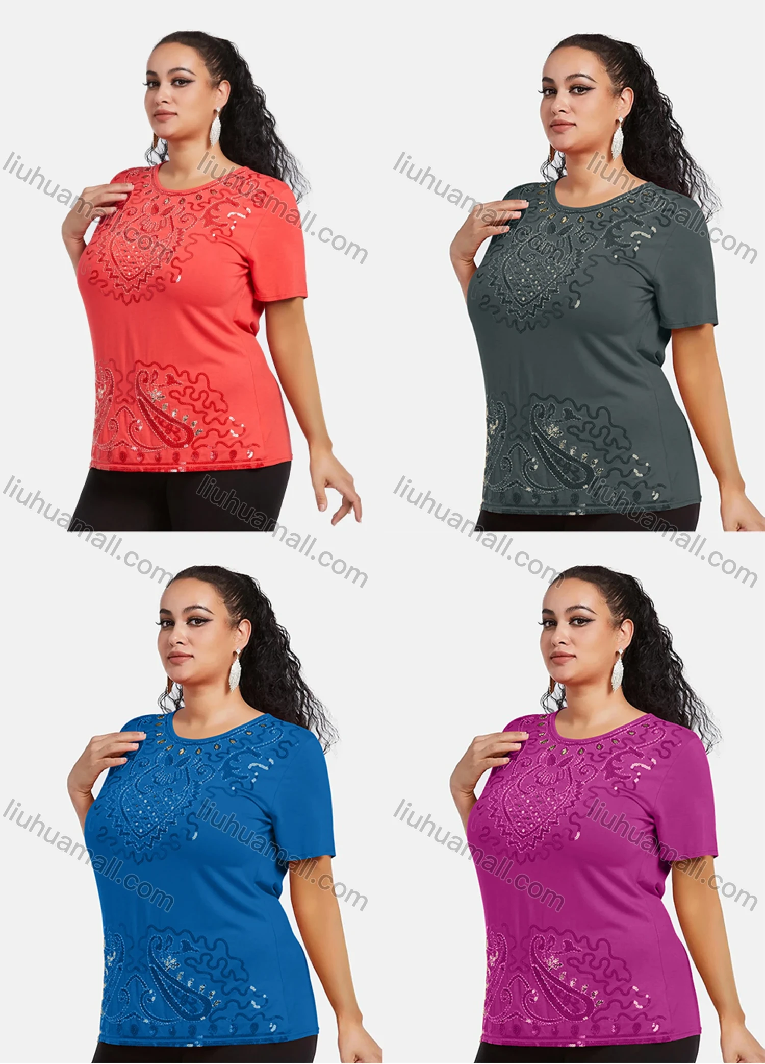 Wholesale Women's Elegant Round Neck Floral Sequin Embroidery Short Sleeve T-Shirt - Liuhuamall