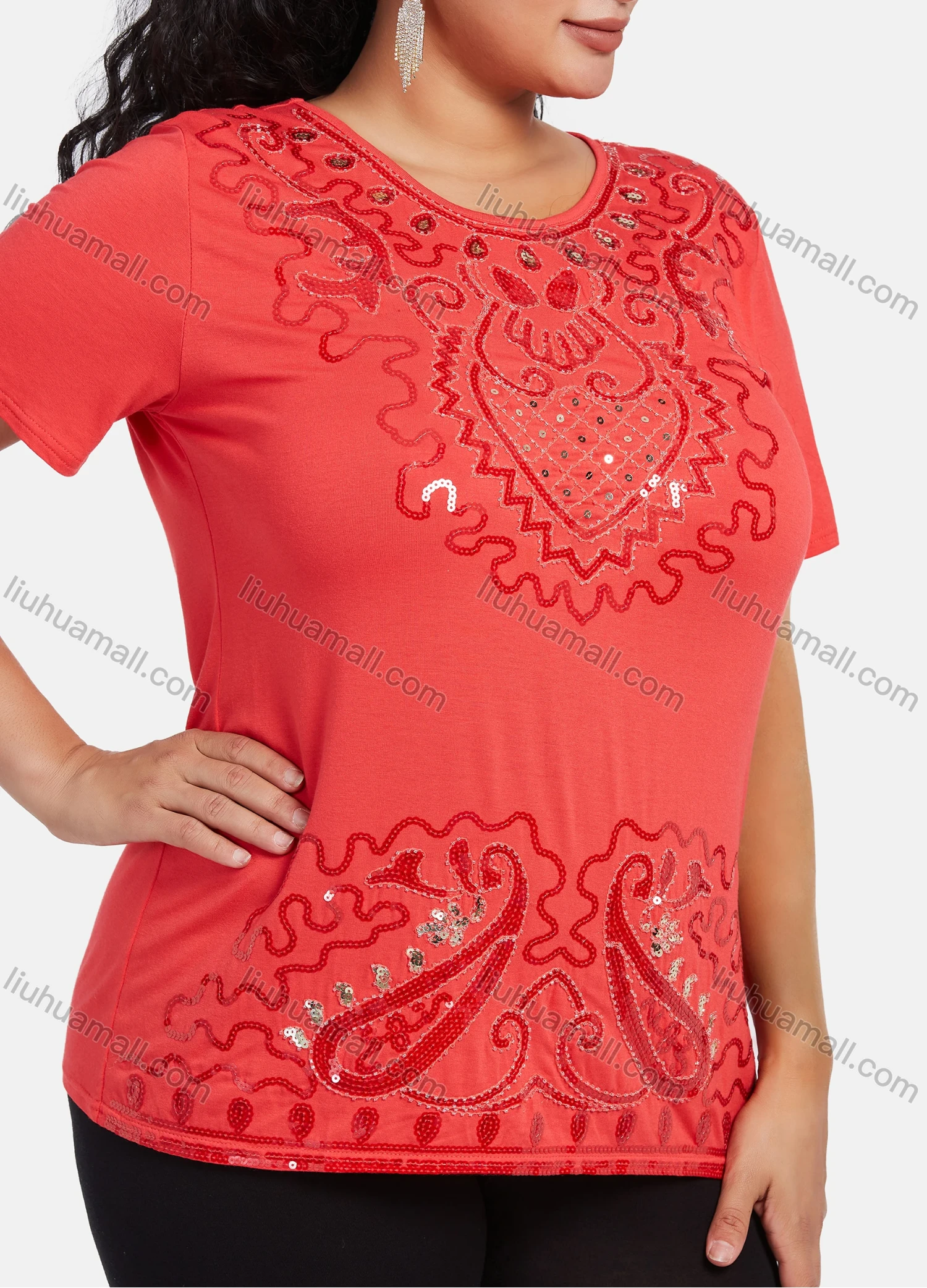 Wholesale Women's Elegant Round Neck Floral Sequin Embroidery Short Sleeve T-Shirt - Liuhuamall