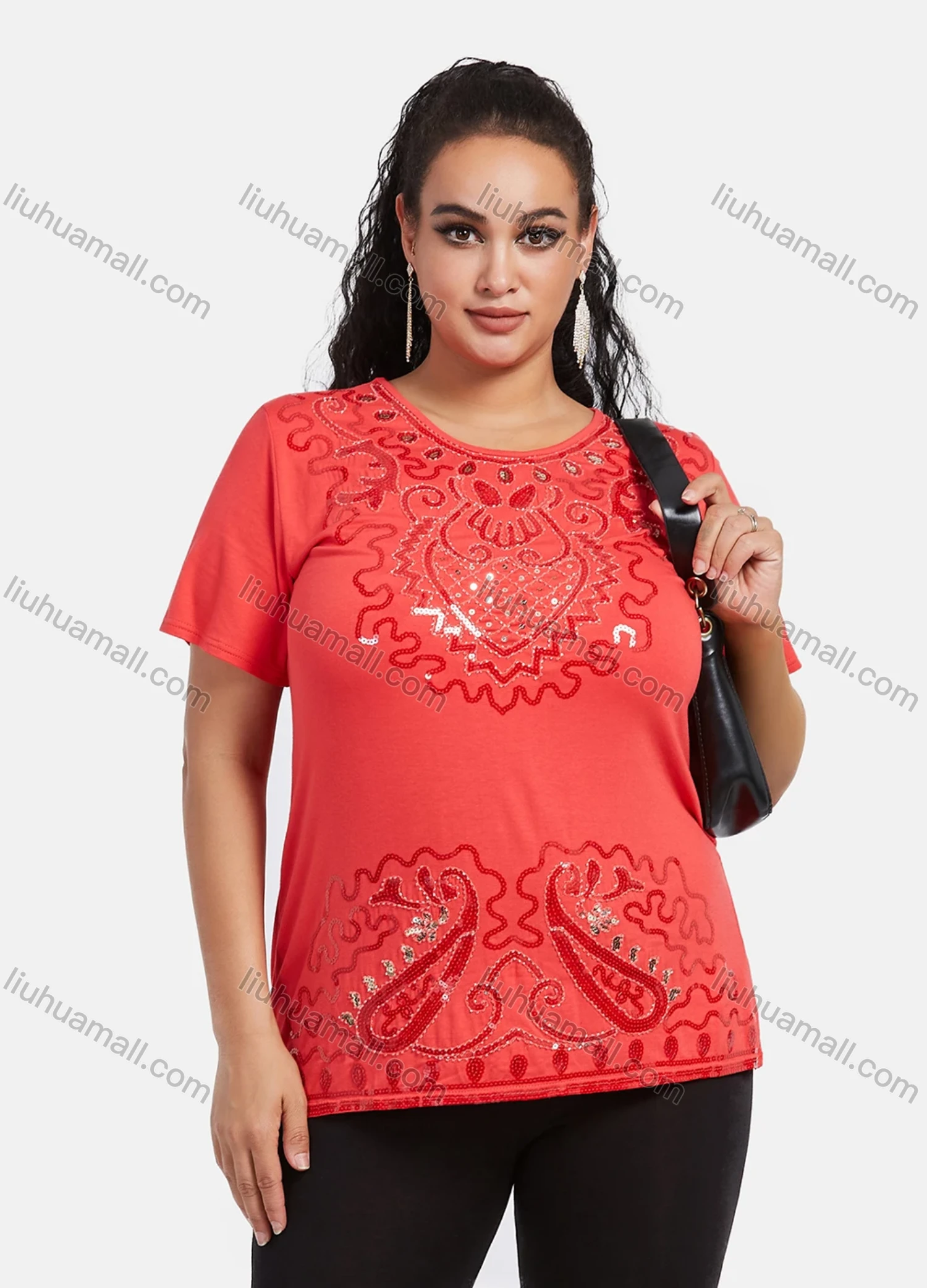 Wholesale Women's Elegant Round Neck Floral Sequin Embroidery Short Sleeve T-Shirt - Liuhuamall