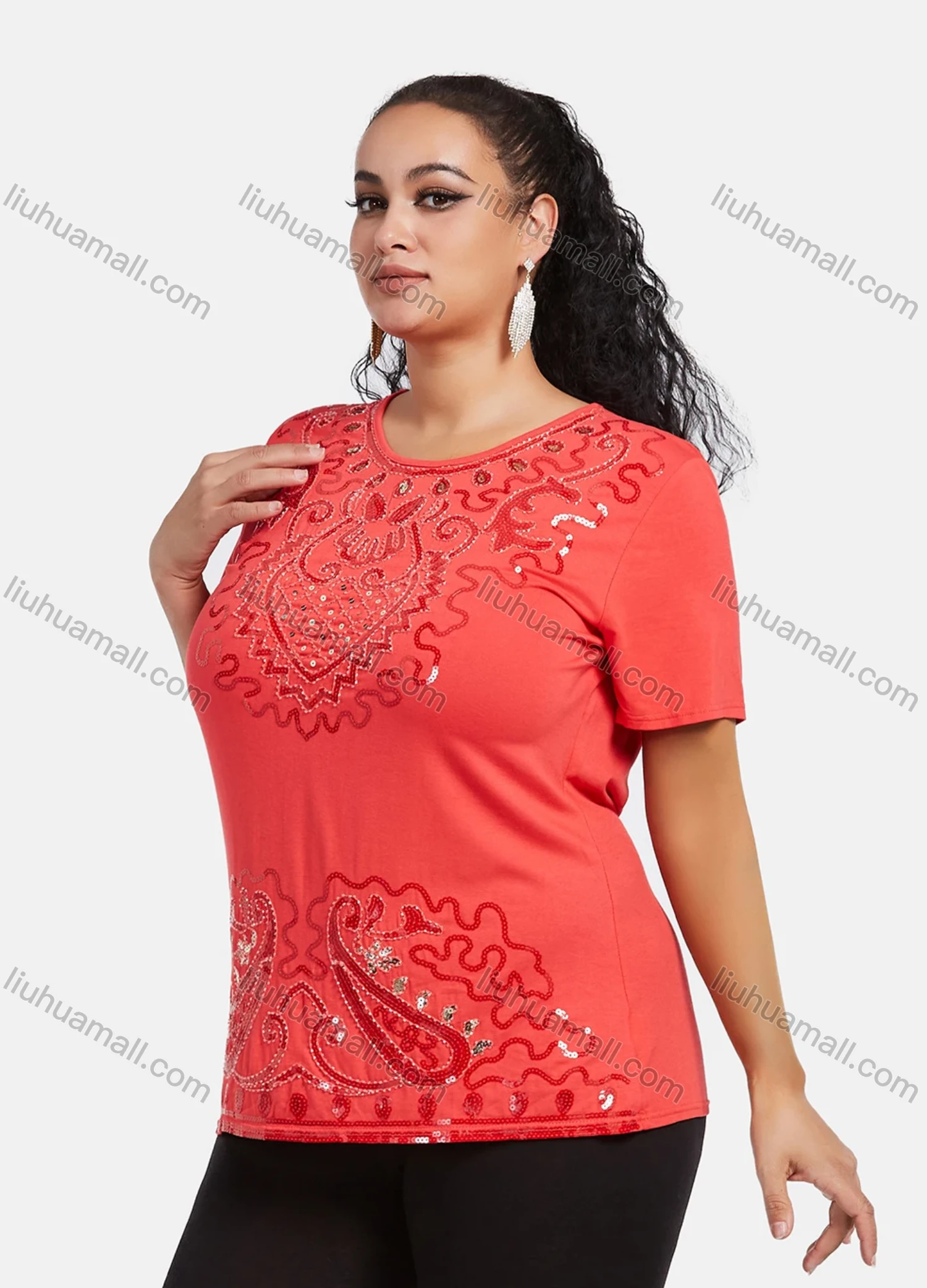 Wholesale Women's Elegant Round Neck Floral Sequin Embroidery Short Sleeve T-Shirt - Liuhuamall