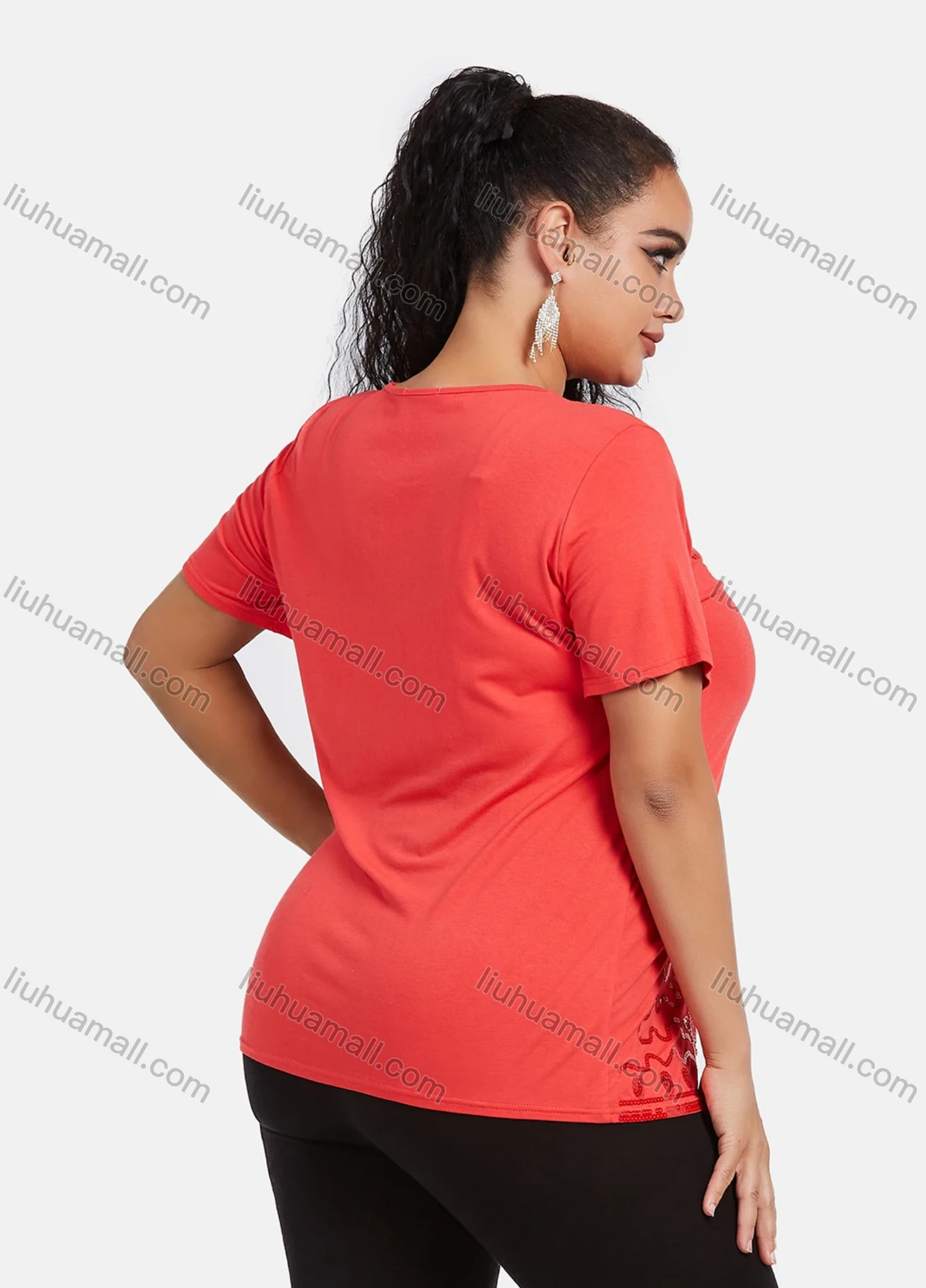 Wholesale Women's Elegant Round Neck Floral Sequin Embroidery Short Sleeve T-Shirt - Liuhuamall