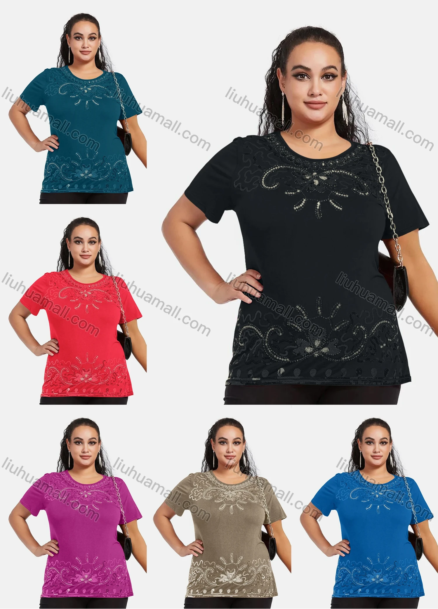 Wholesale Women's Elegant Round Neck Floral Sequin Embroidery Short Sleeve T-Shirt - Liuhuamall