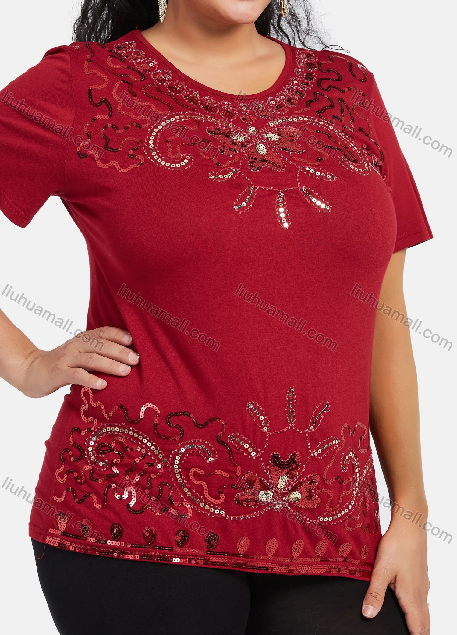Wholesale Women's Elegant Round Neck Floral Sequin Embroidery Short Sleeve T-Shirt - Liuhuamall