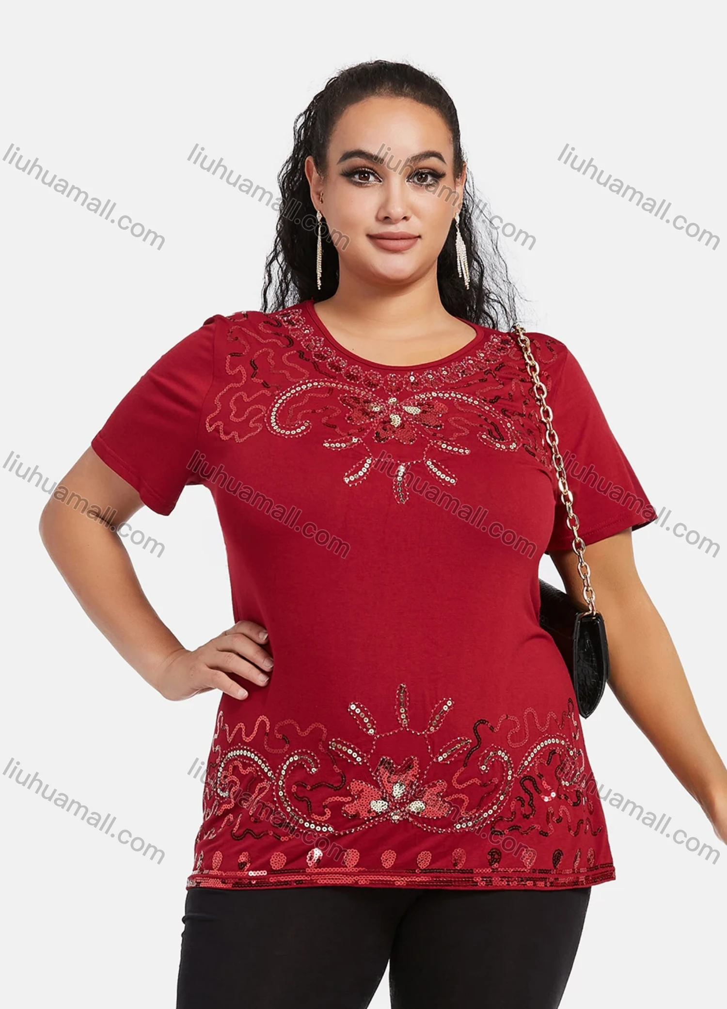 Wholesale Women's Elegant Round Neck Floral Sequin Embroidery Short Sleeve T-Shirt - Liuhuamall