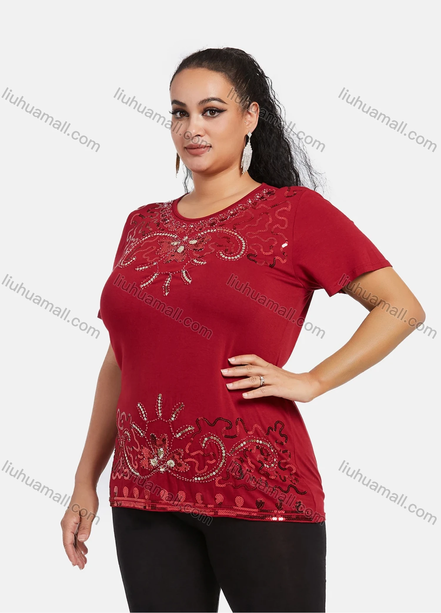 Wholesale Women's Elegant Round Neck Floral Sequin Embroidery Short Sleeve T-Shirt - Liuhuamall