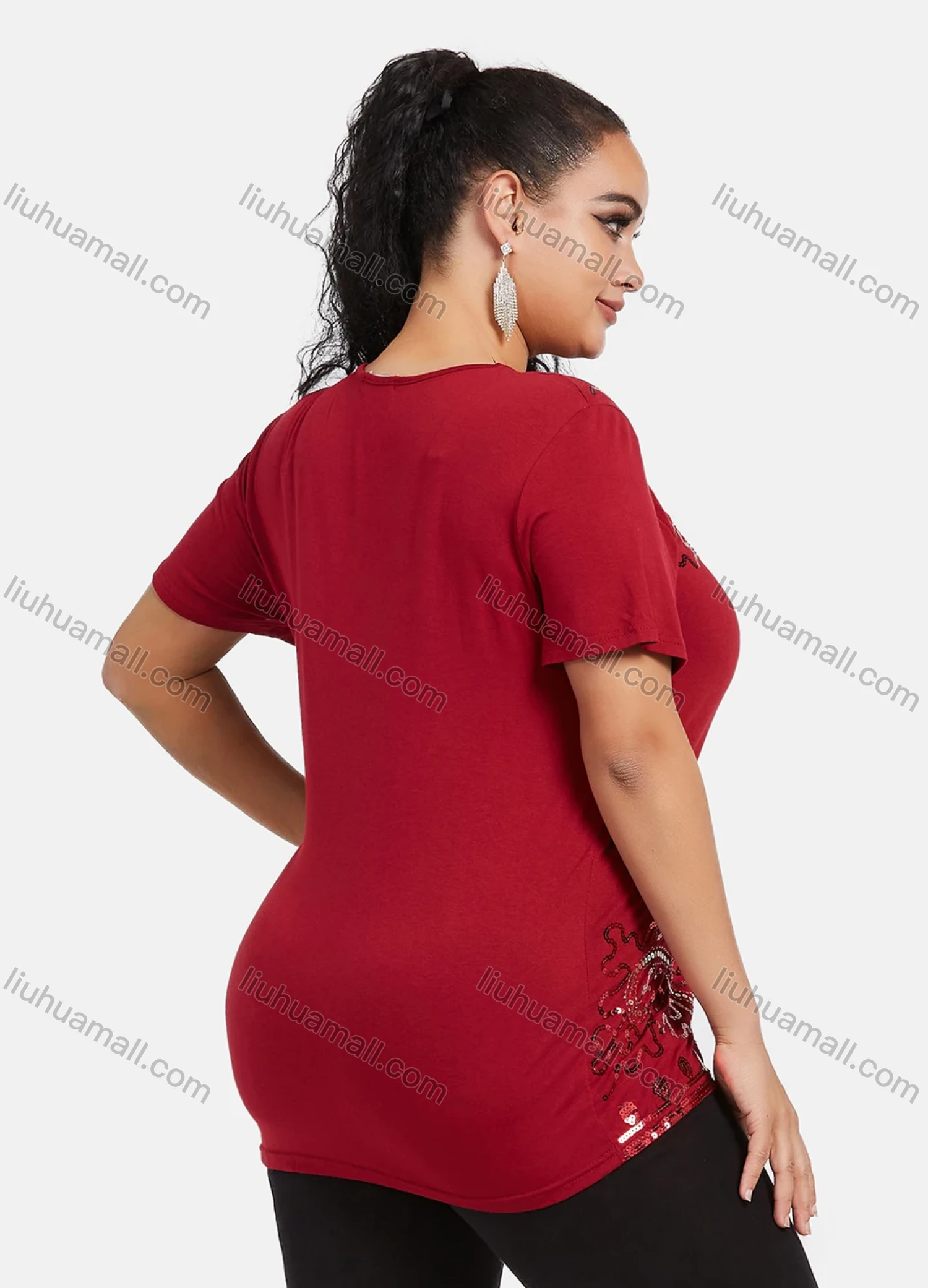 Wholesale Women's Elegant Round Neck Floral Sequin Embroidery Short Sleeve T-Shirt - Liuhuamall