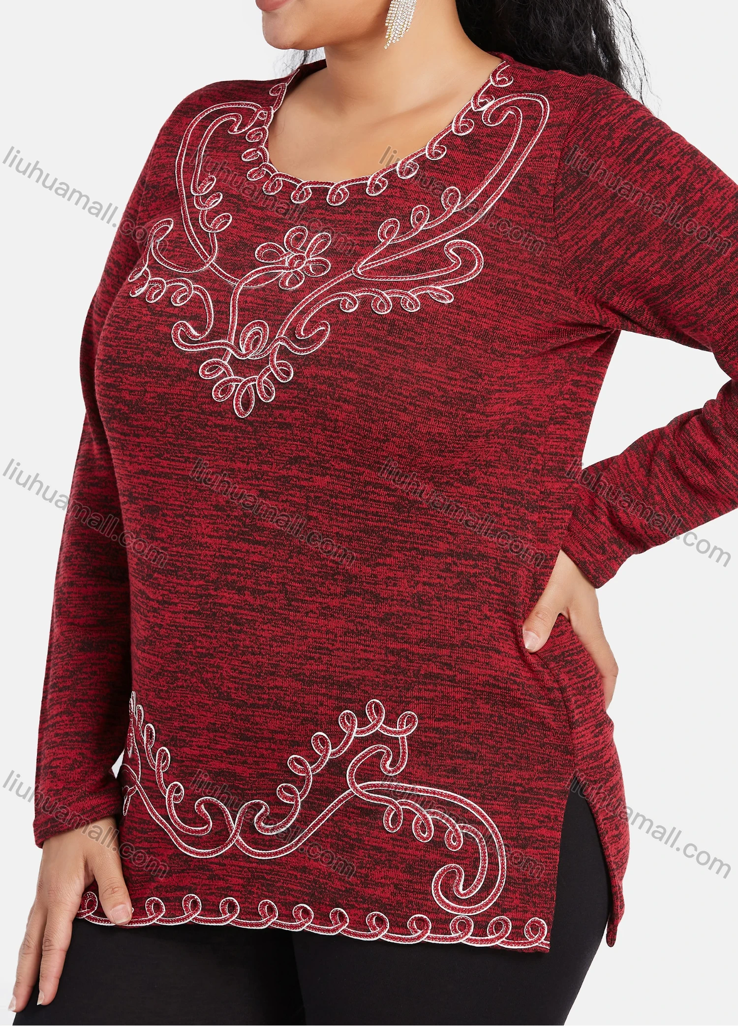 Wholesale Women's Elegant Round Neck Long Sleeve Floral Embroidery Slit Hem Knit Top - Liuhuamall