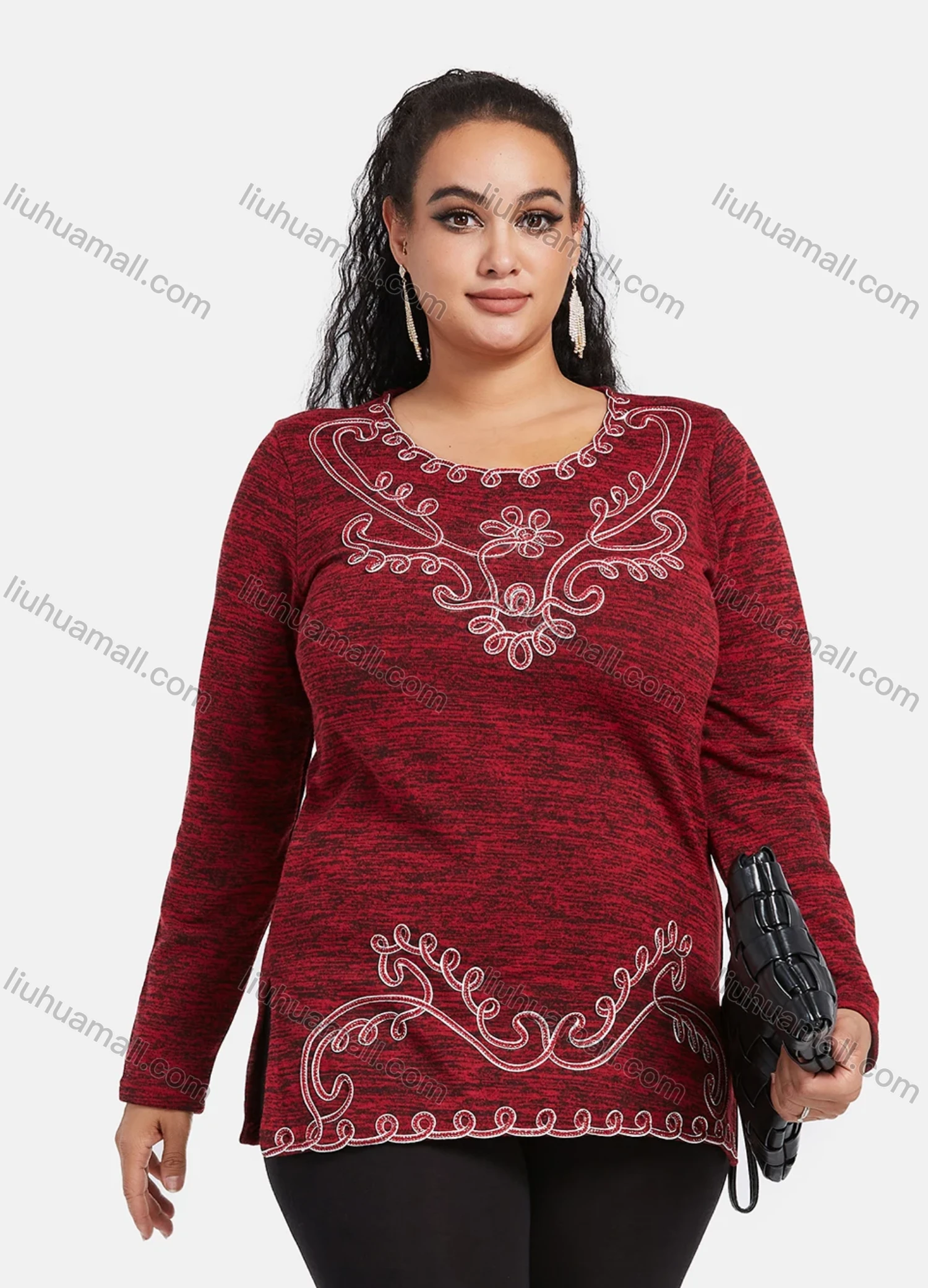 Wholesale Women's Elegant Round Neck Long Sleeve Floral Embroidery Slit Hem Knit Top - Liuhuamall