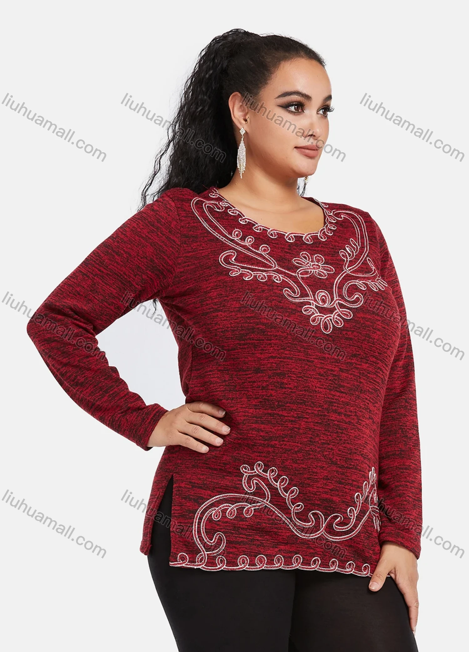Wholesale Women's Elegant Round Neck Long Sleeve Floral Embroidery Slit Hem Knit Top - Liuhuamall