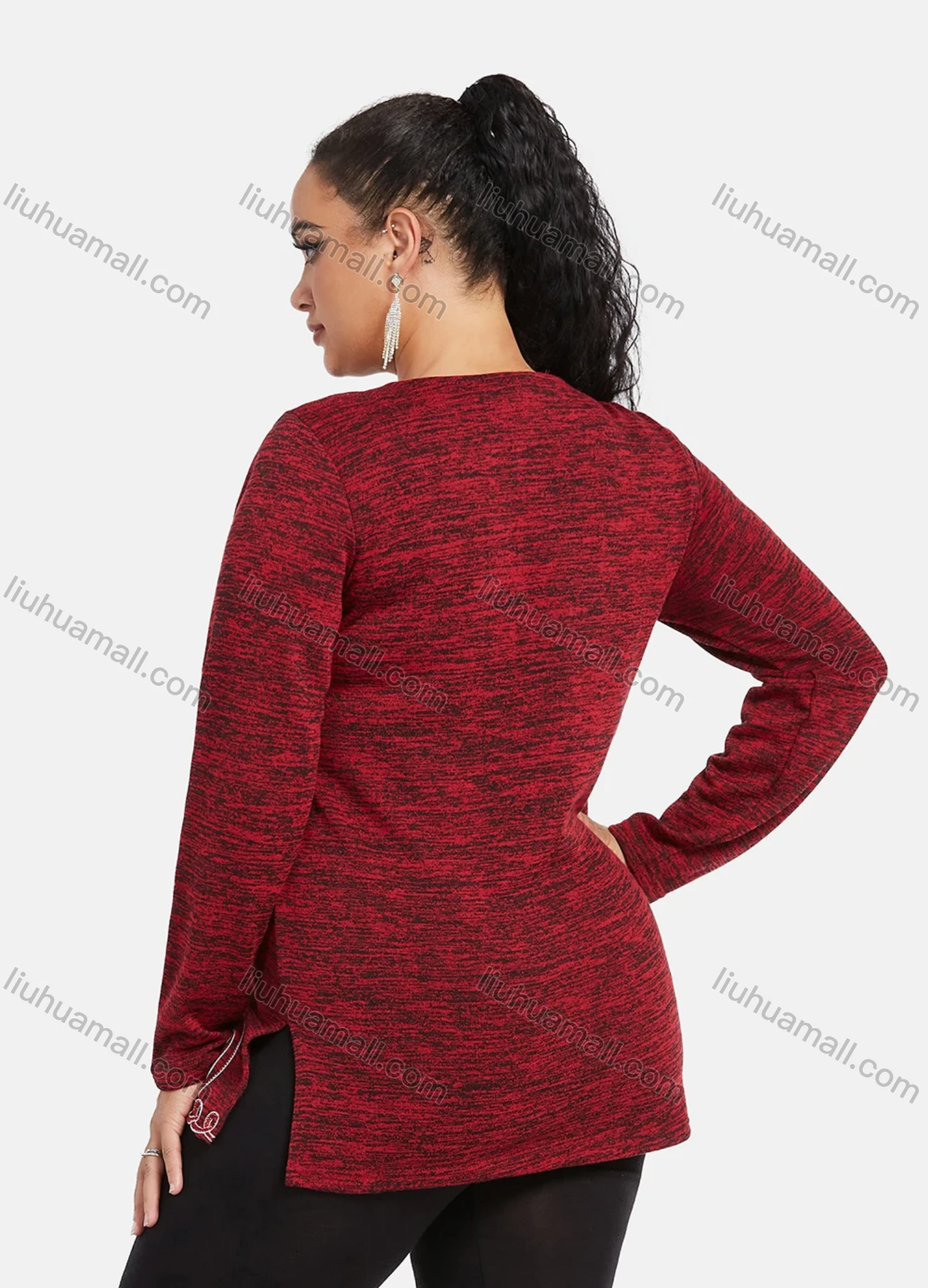 Wholesale Women's Elegant Round Neck Long Sleeve Floral Embroidery Slit Hem Knit Top - Liuhuamall