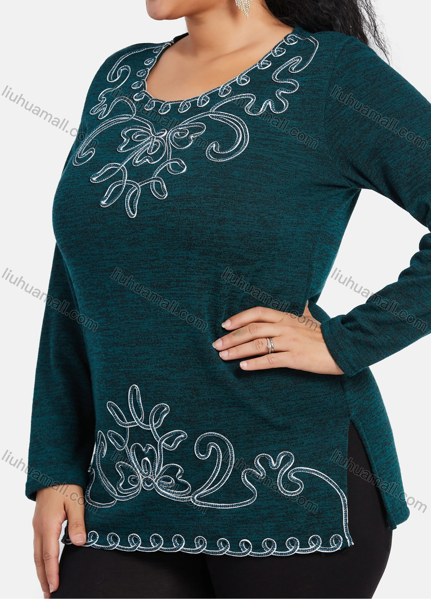 Wholesale Women's Elegant Round Neck Long Sleeve Floral Embroidery Slit Hem Knit Top - Liuhuamall