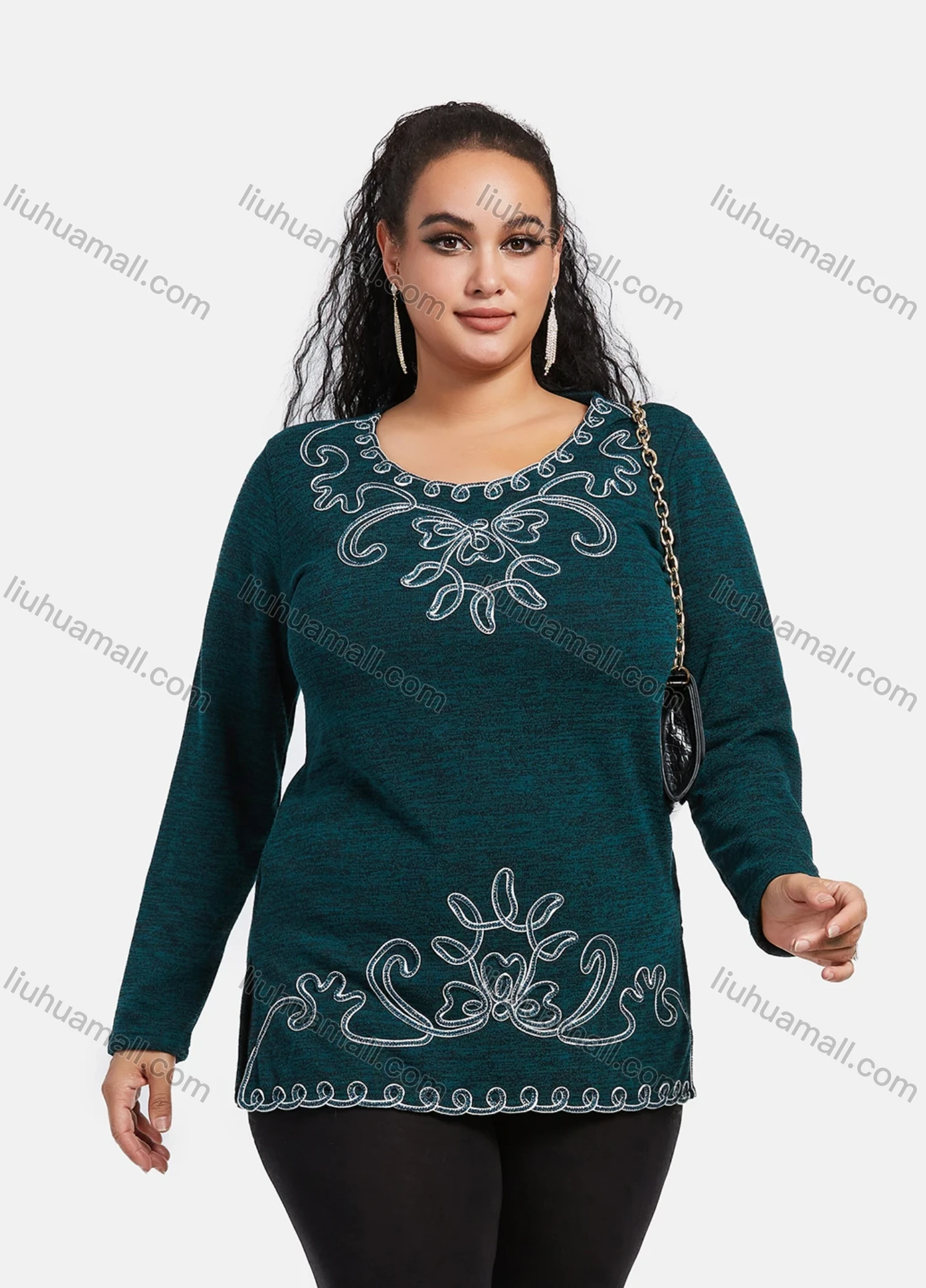 Wholesale Women's Elegant Round Neck Long Sleeve Floral Embroidery Slit Hem Knit Top - Liuhuamall