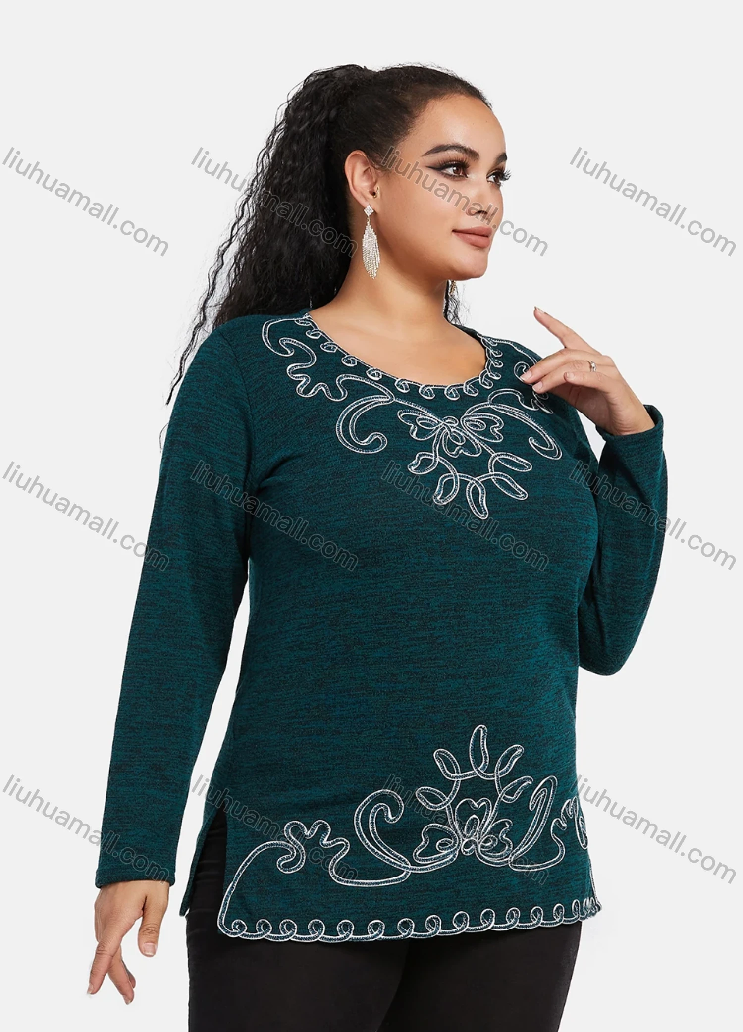 Wholesale Women's Elegant Round Neck Long Sleeve Floral Embroidery Slit Hem Knit Top - Liuhuamall