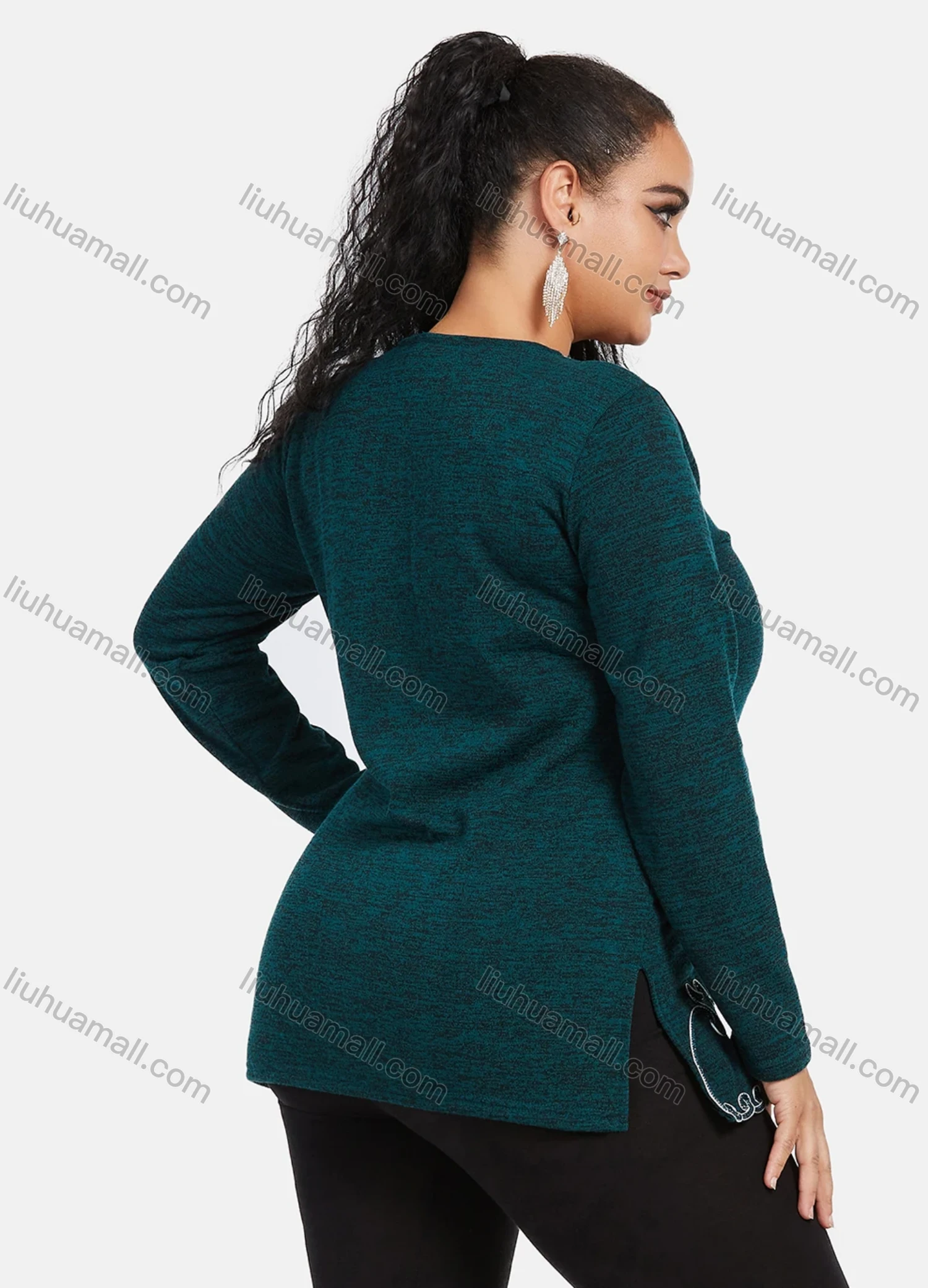Wholesale Women's Elegant Round Neck Long Sleeve Floral Embroidery Slit Hem Knit Top - Liuhuamall