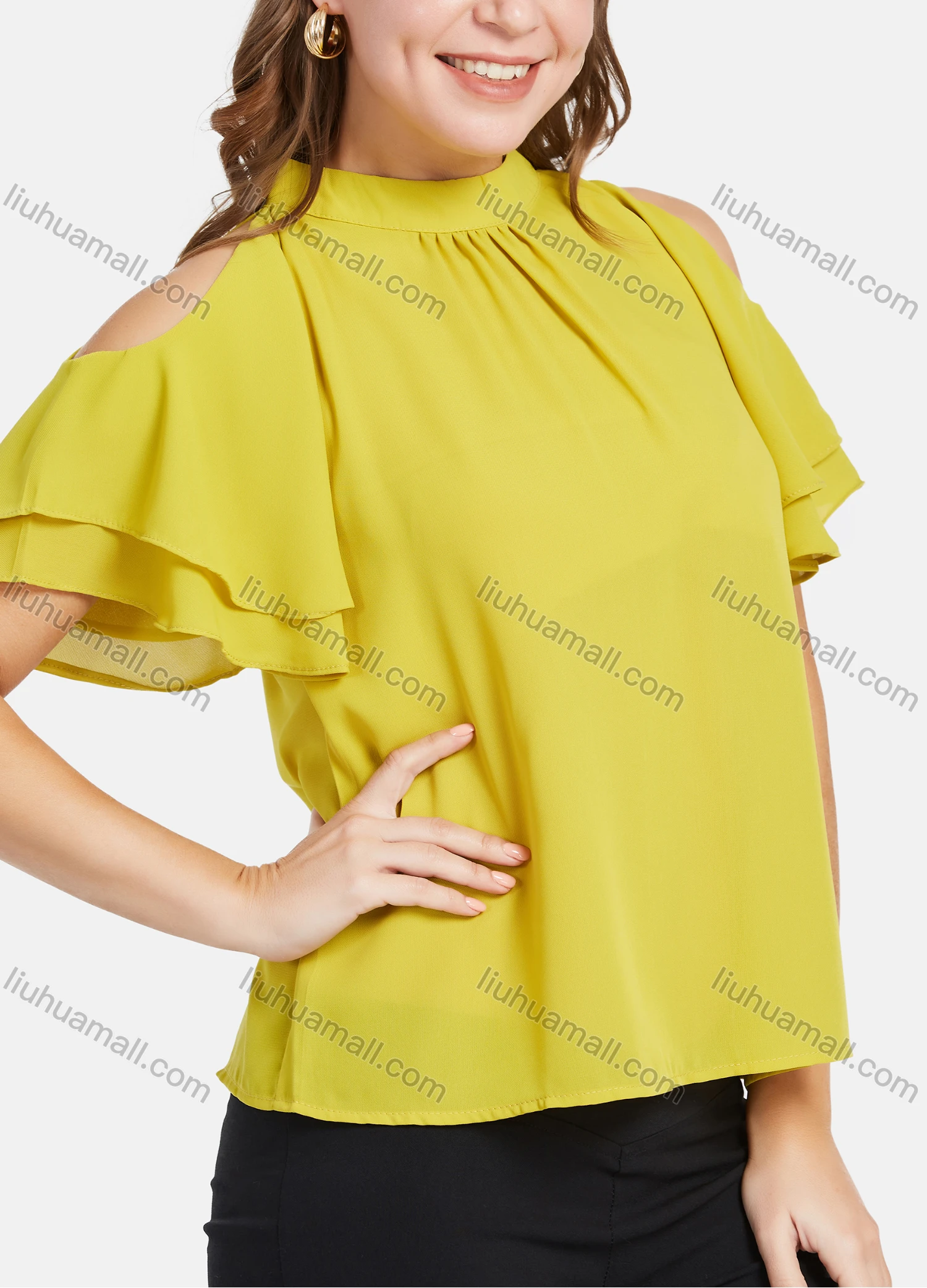 Wholesale Women's Chiffon Mock Neck Keyhole Layer Sleeve Crop Shoulder Mock Neck Blouse 1858# - Liuhuamall
