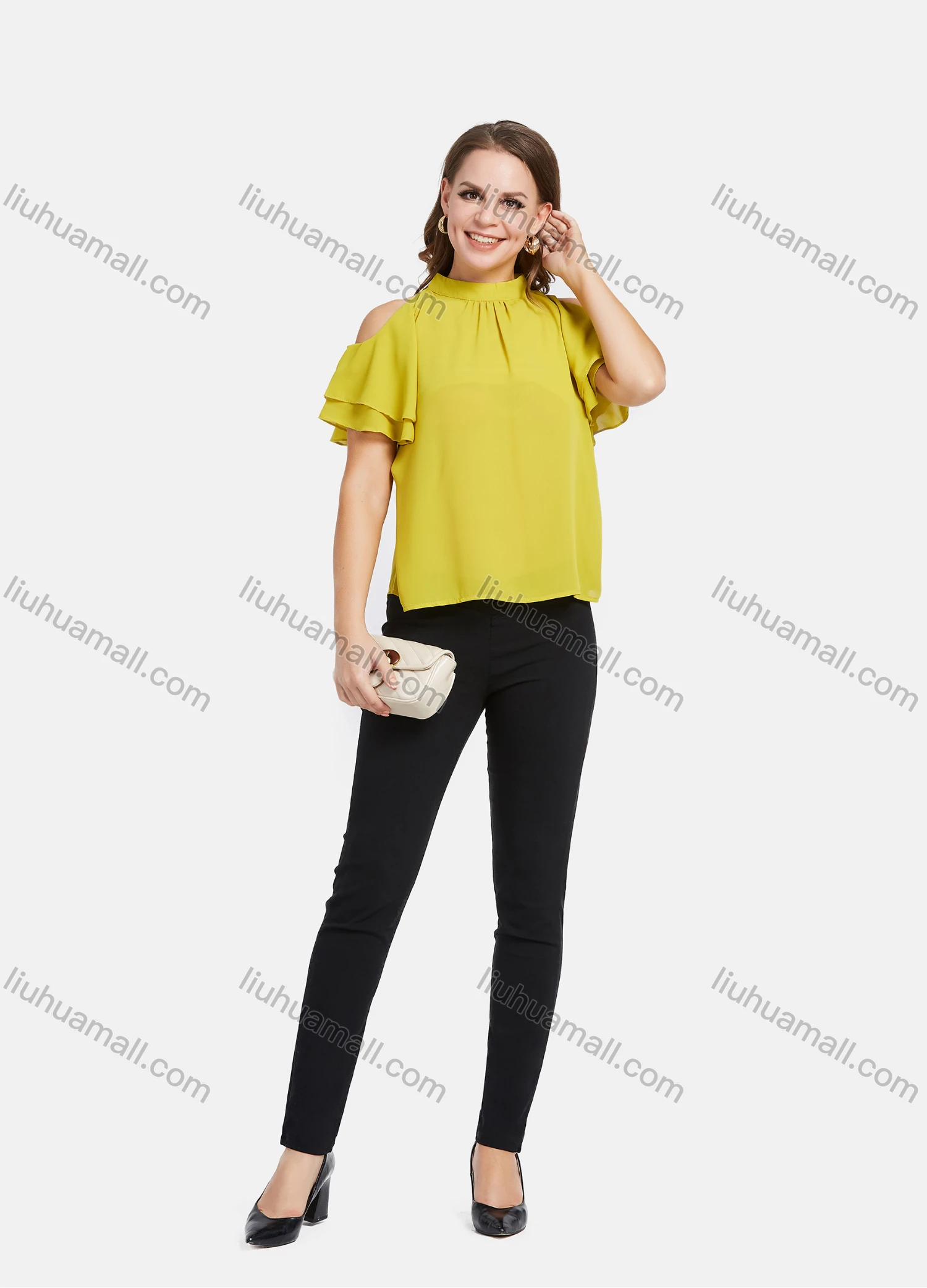 Wholesale Women's Chiffon Mock Neck Keyhole Layer Sleeve Crop Shoulder Mock Neck Blouse 1858# - Liuhuamall