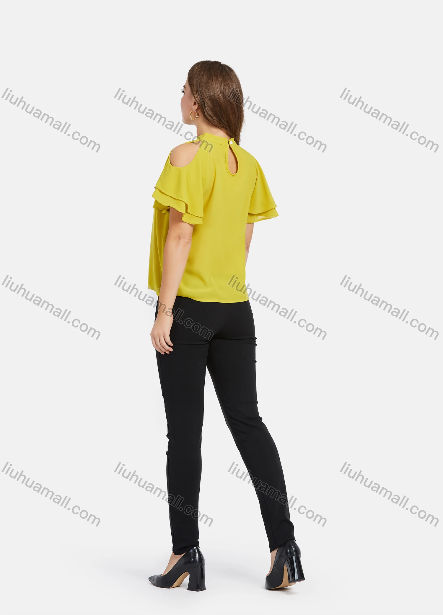 Wholesale Women's Chiffon Mock Neck Keyhole Layer Sleeve Crop Shoulder Mock Neck Blouse 1858# - Liuhuamall