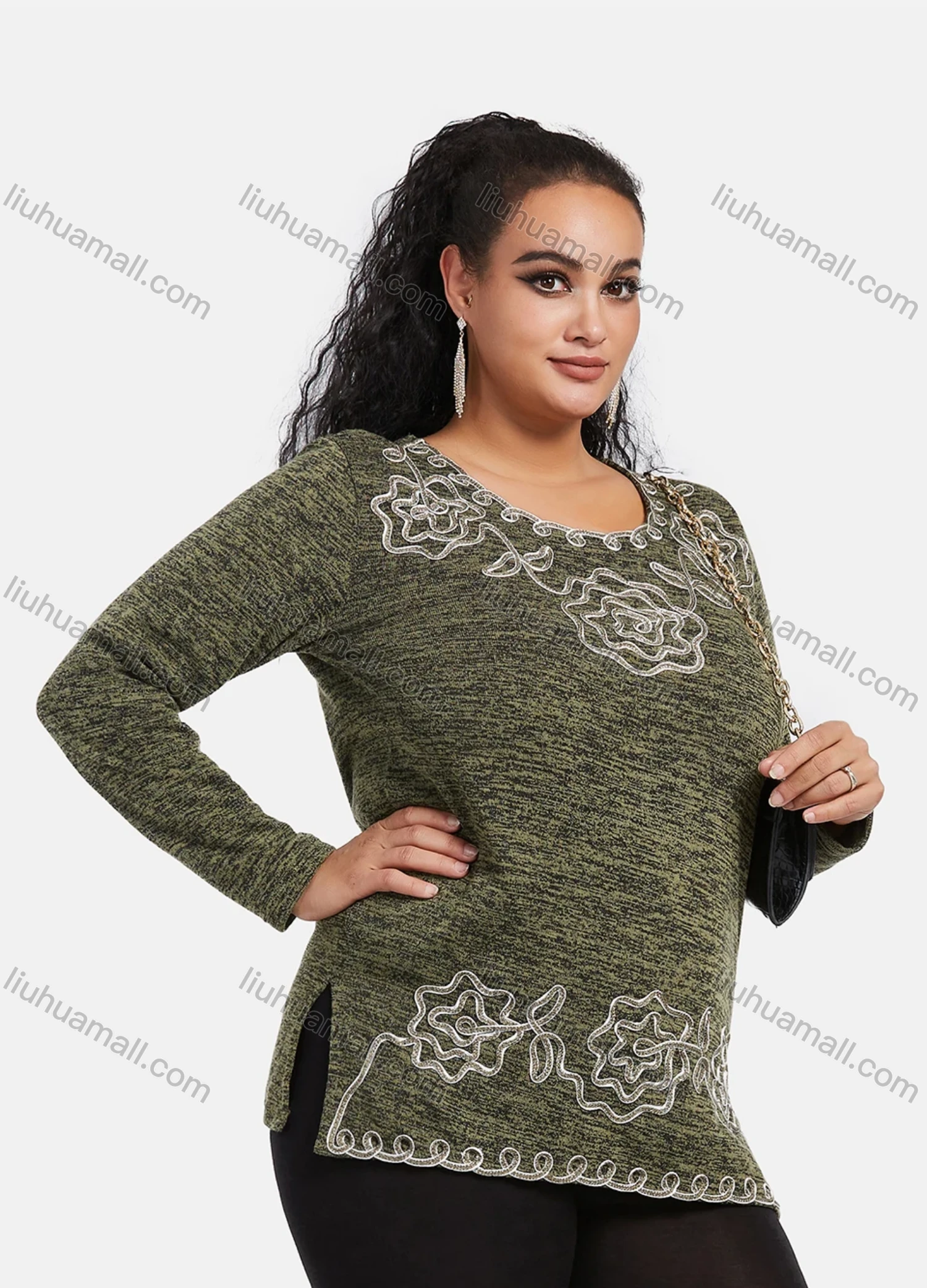 Wholesale Women's Elegant Round Neck Long Sleeve Floral Embroidery Slit Hem Knit Top - Liuhuamall