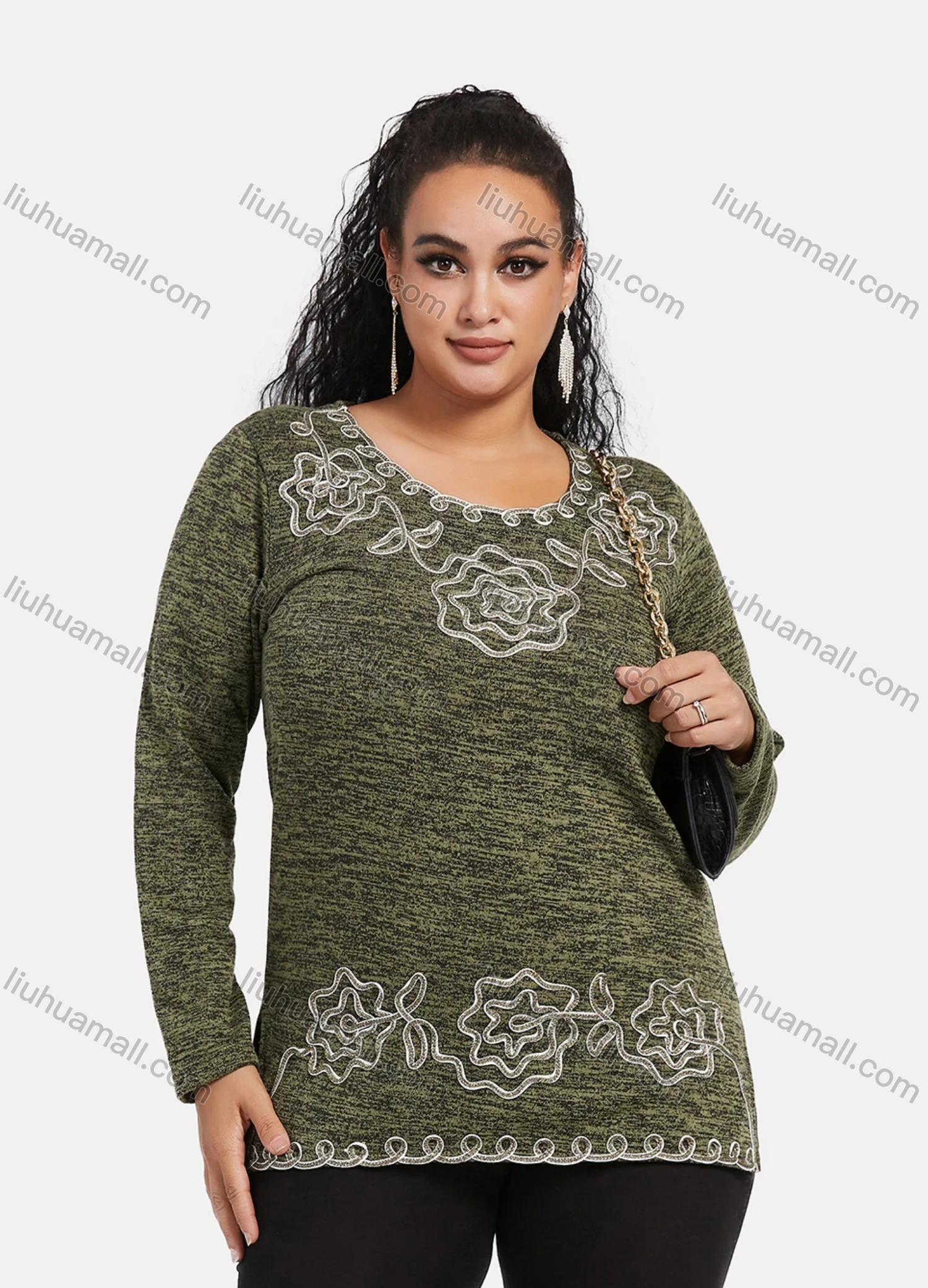 Wholesale Women's Elegant Round Neck Long Sleeve Floral Embroidery Slit Hem Knit Top - Liuhuamall