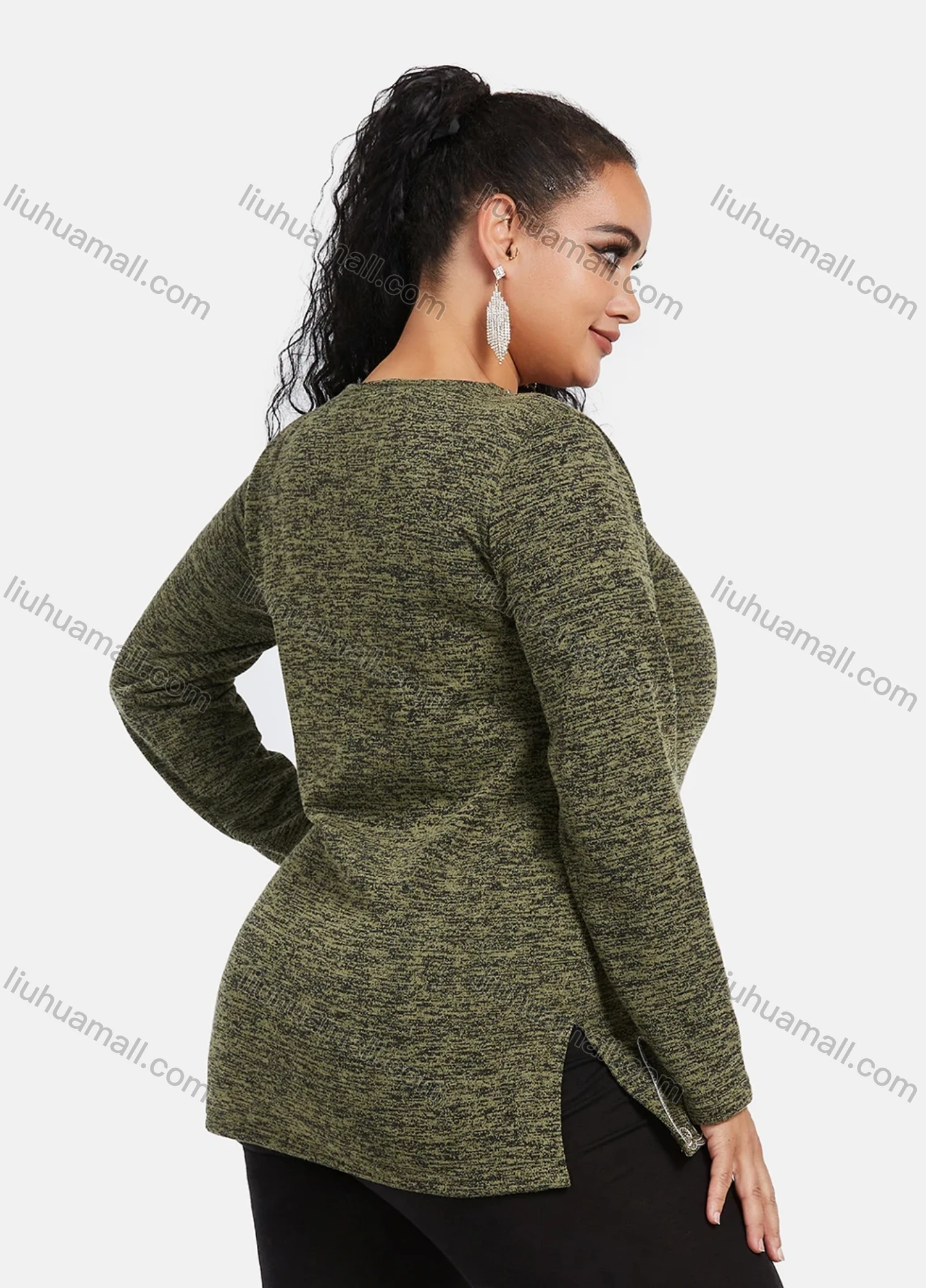 Wholesale Women's Elegant Round Neck Long Sleeve Floral Embroidery Slit Hem Knit Top - Liuhuamall