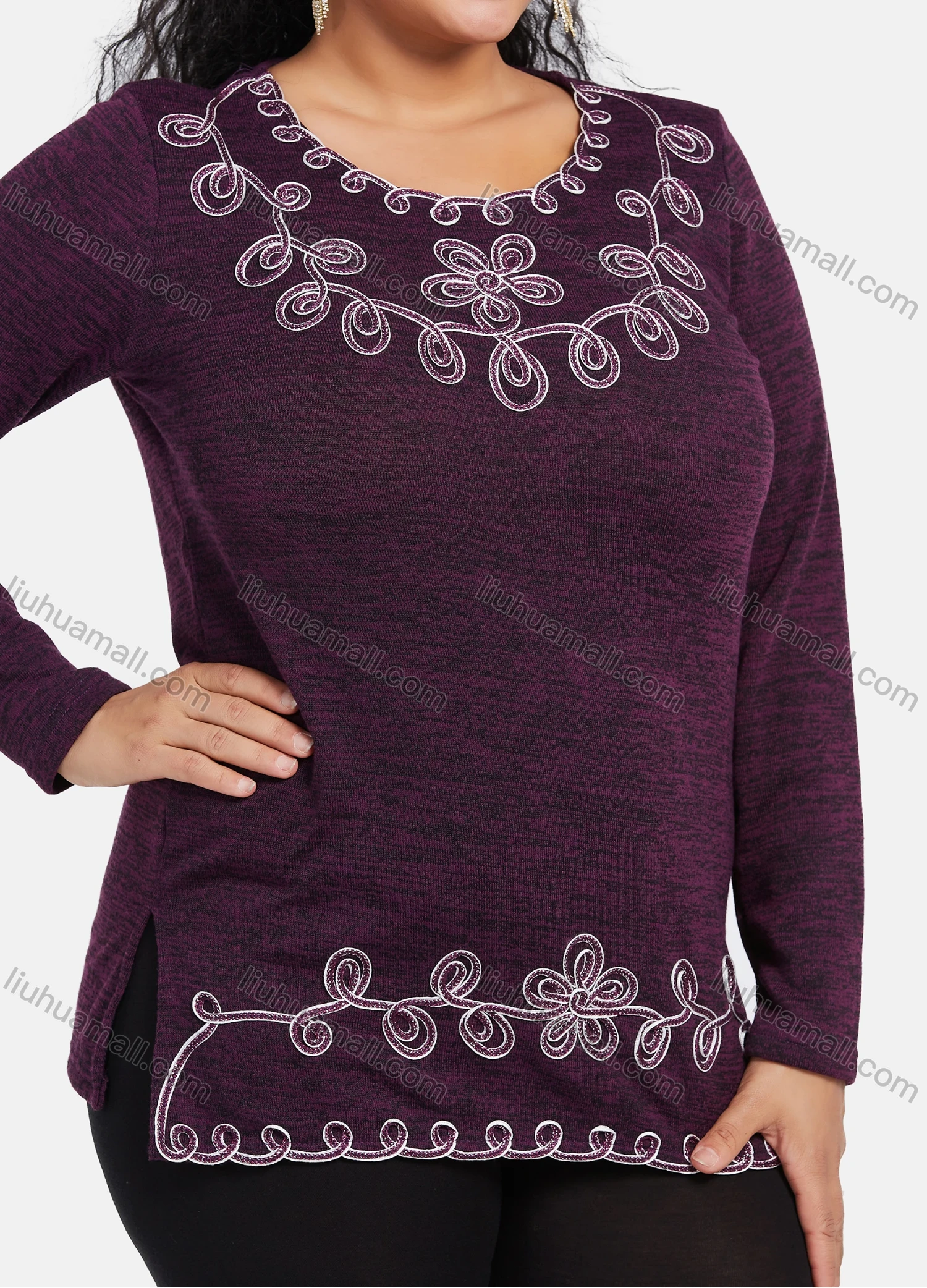 Wholesale Women's Elegant Round Neck Long Sleeve Floral Embroidery Slit Hem Knit Top - Liuhuamall