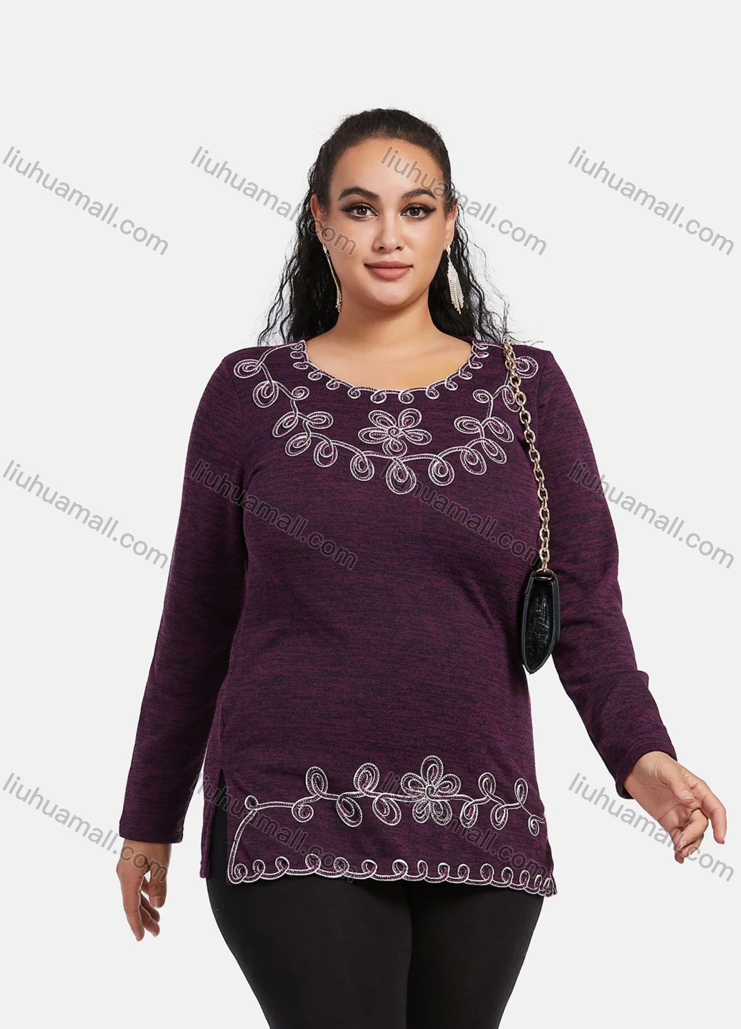 Wholesale Women's Elegant Round Neck Long Sleeve Floral Embroidery Slit Hem Knit Top - Liuhuamall