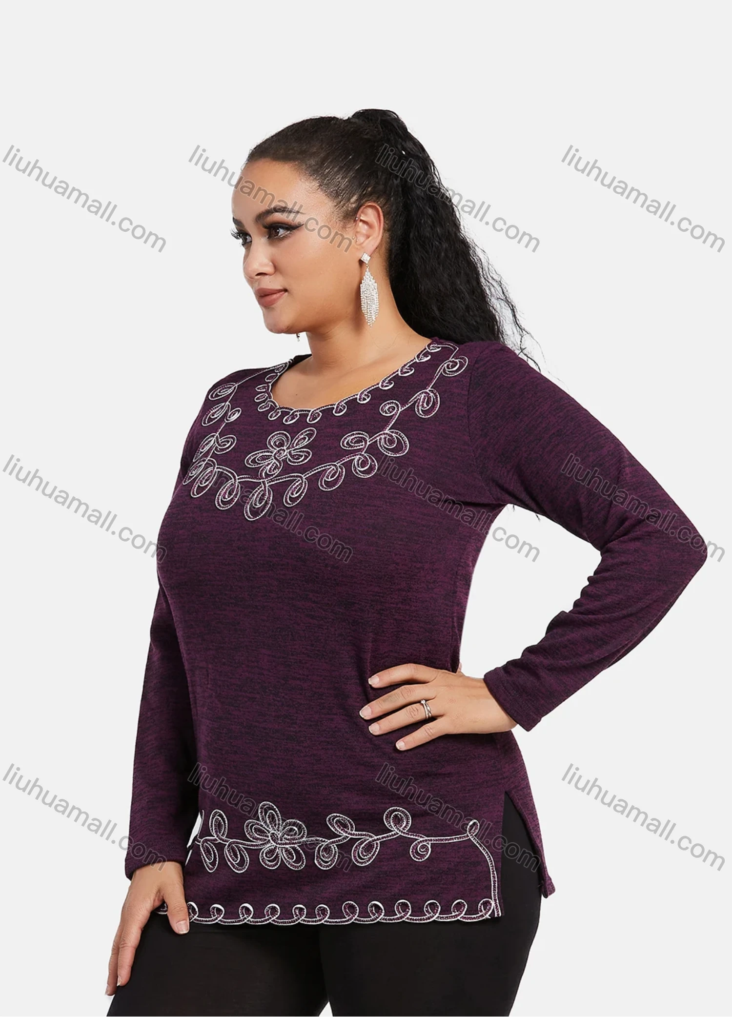 Wholesale Women's Elegant Round Neck Long Sleeve Floral Embroidery Slit Hem Knit Top - Liuhuamall