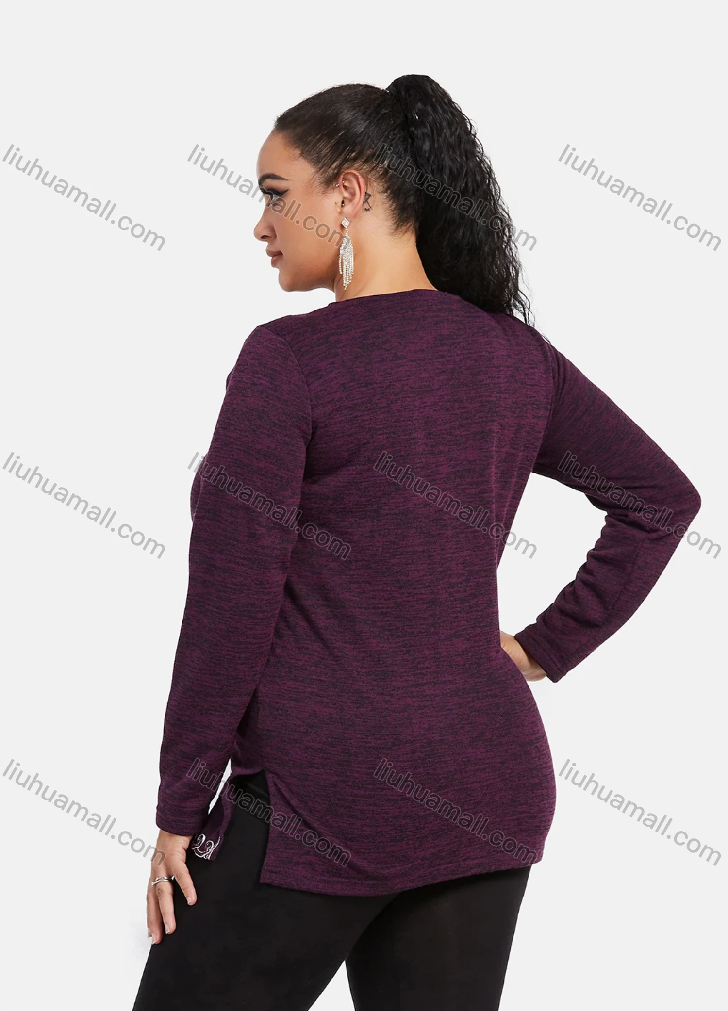 Wholesale Women's Elegant Round Neck Long Sleeve Floral Embroidery Slit Hem Knit Top - Liuhuamall