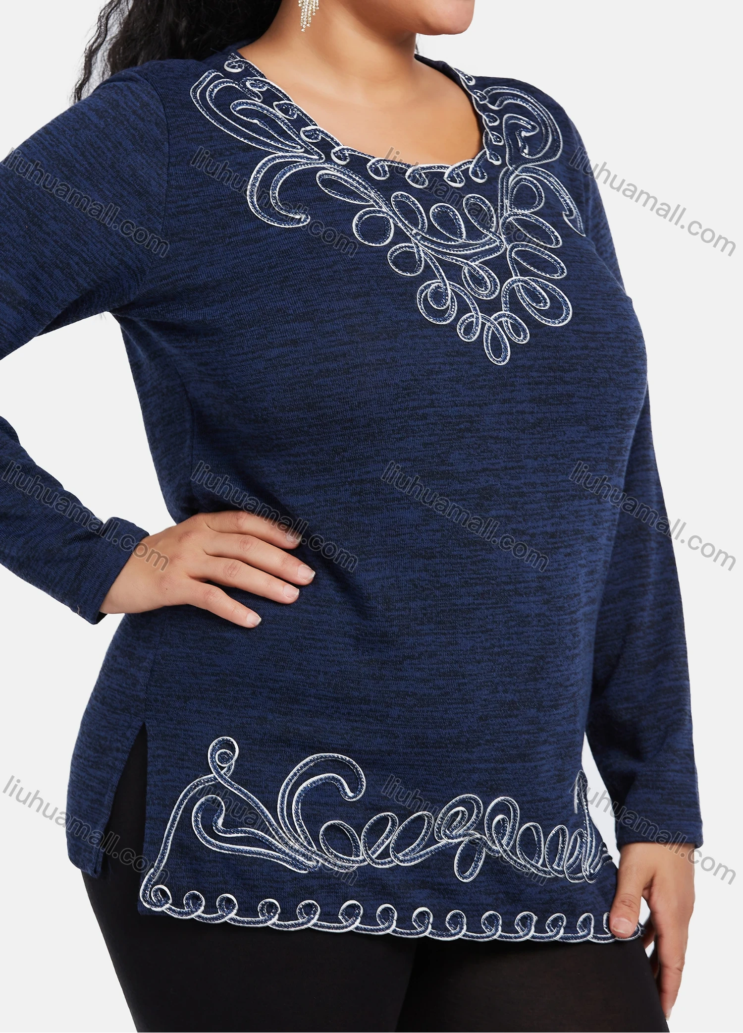 Wholesale Women's Elegant Round Neck Long Sleeve Floral Embroidery Slit Hem Knit Top - Liuhuamall