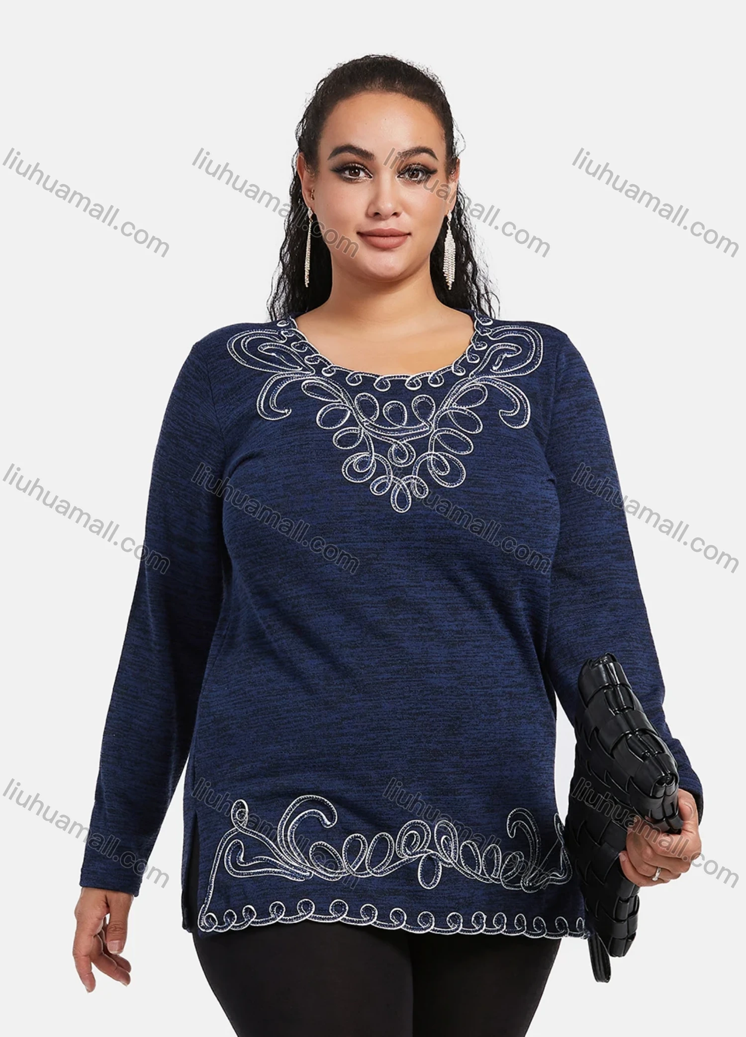 Wholesale Women's Elegant Round Neck Long Sleeve Floral Embroidery Slit Hem Knit Top - Liuhuamall