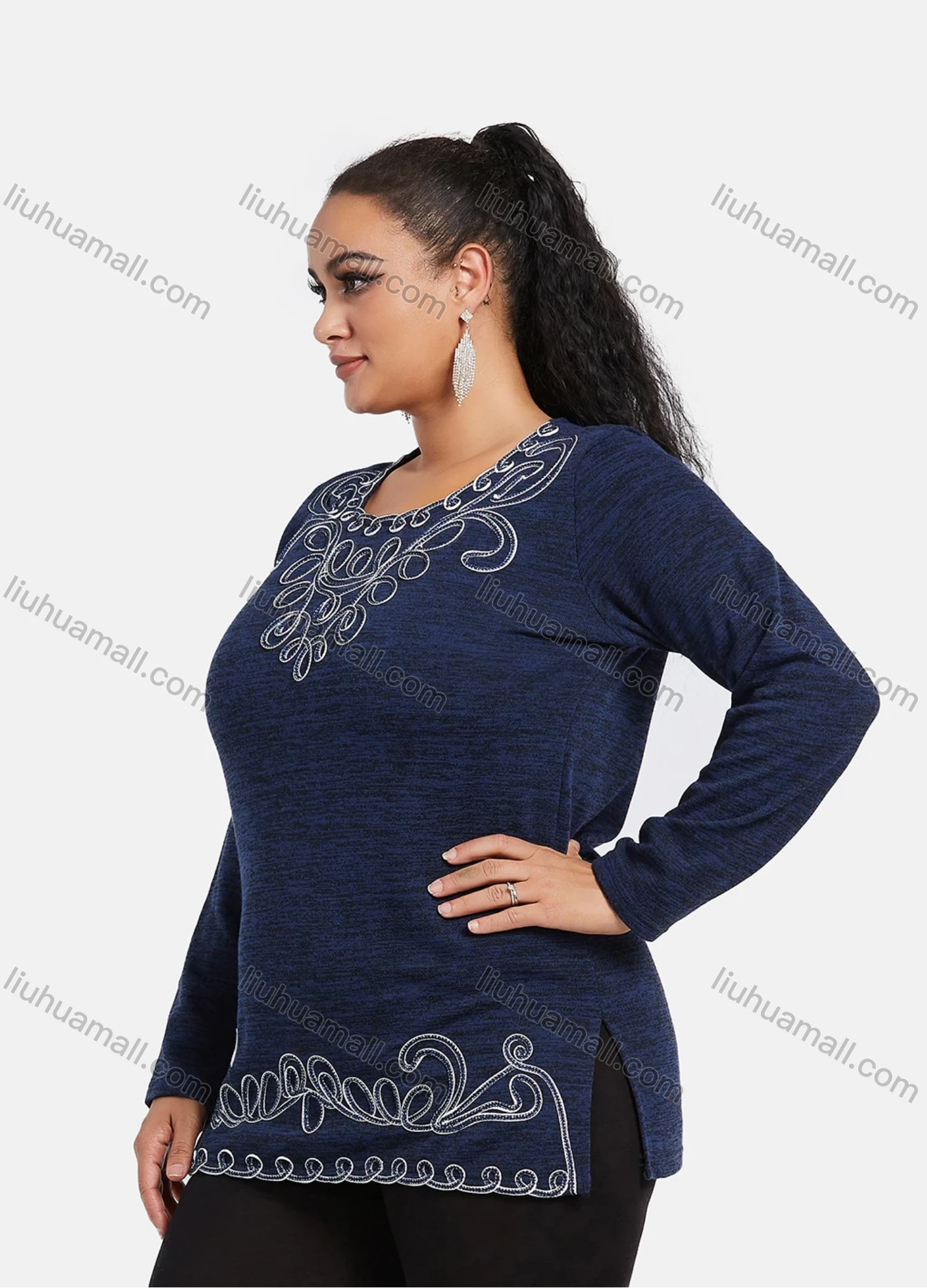 Wholesale Women's Elegant Round Neck Long Sleeve Floral Embroidery Slit Hem Knit Top - Liuhuamall