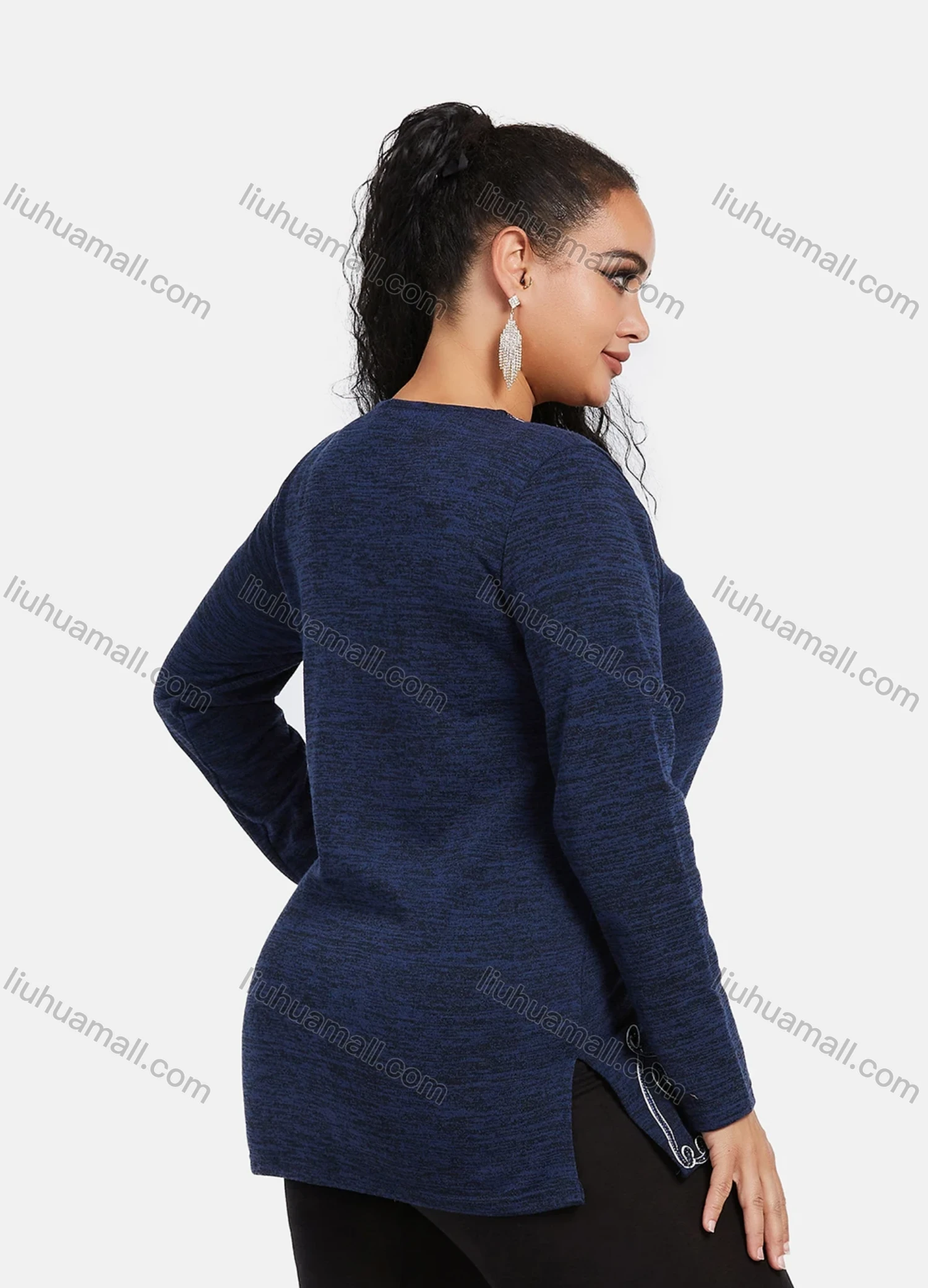 Wholesale Women's Elegant Round Neck Long Sleeve Floral Embroidery Slit Hem Knit Top - Liuhuamall