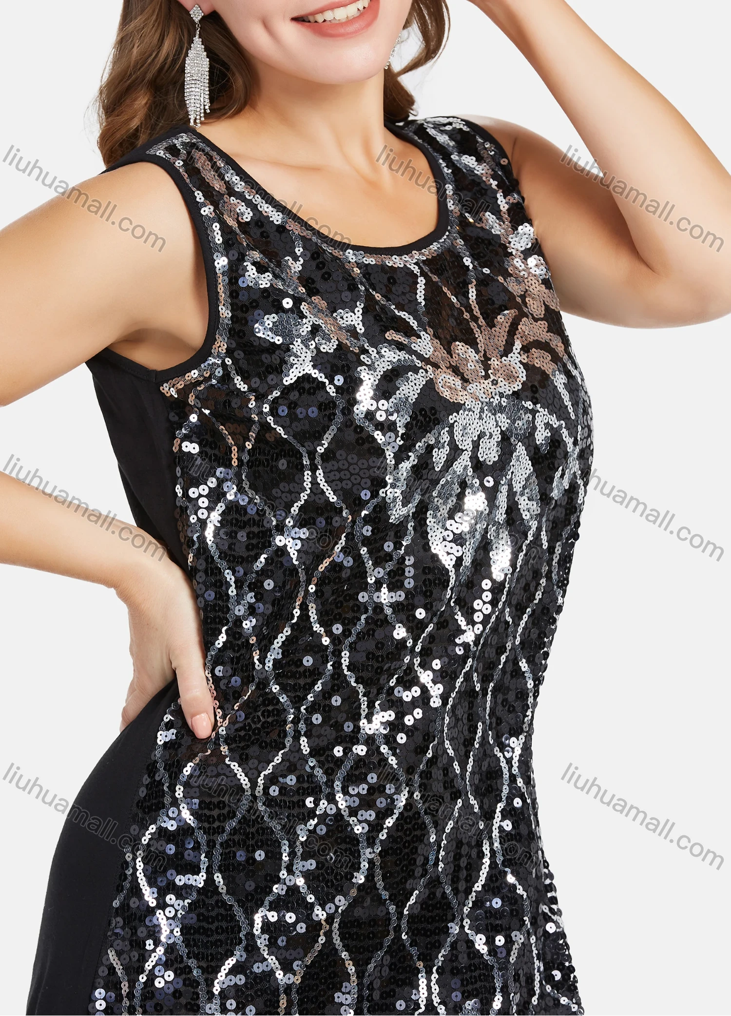 Wholesale Women's Scoop Neck Floral Sequin Sleeveless Mesh Hem Short Tank Dress - Liuhuamall