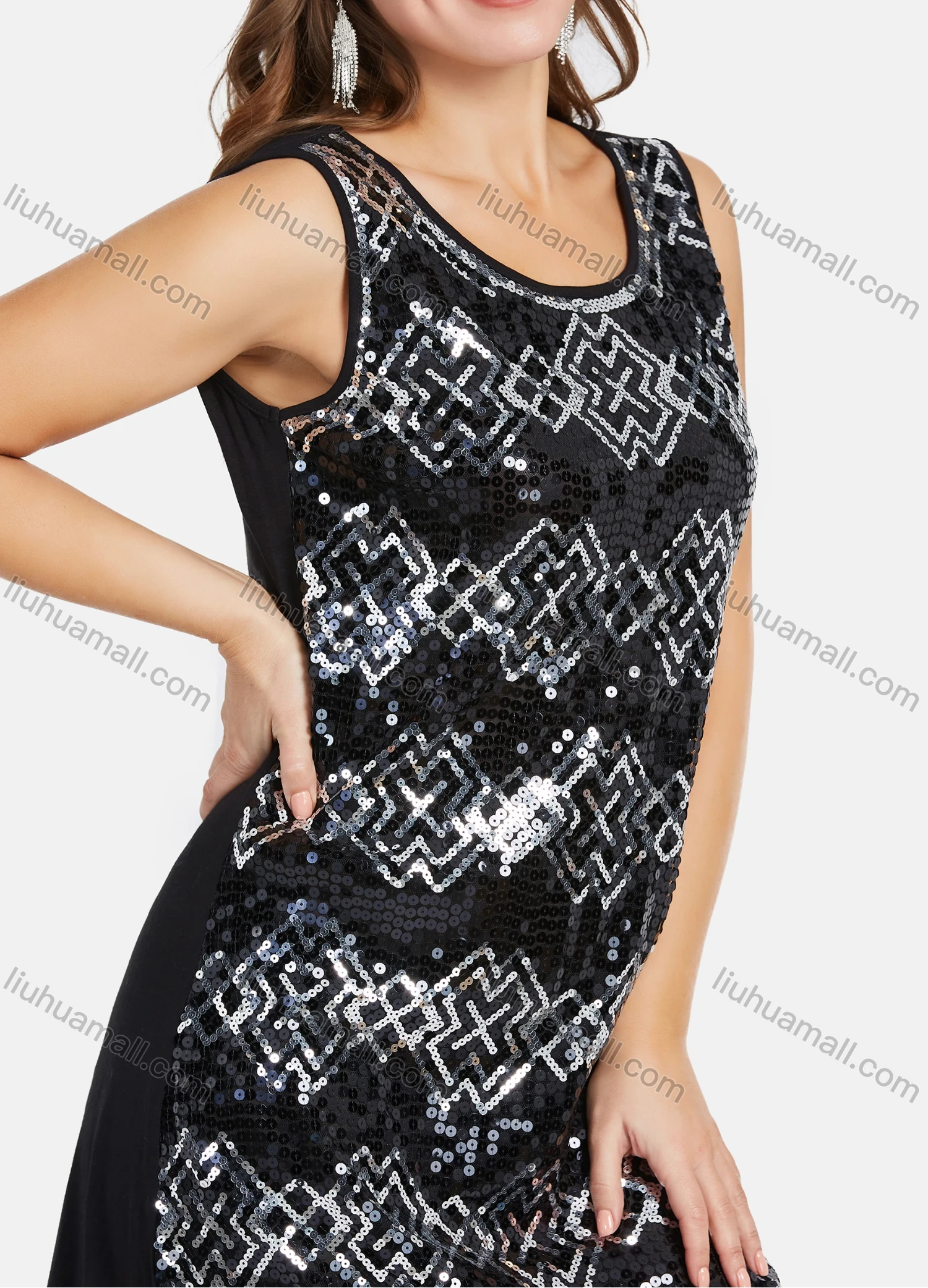 Wholesale Women's Scoop Neck Geometric Sequin Sleeveless Mesh Hem Short Tank Dress - Liuhuamall
