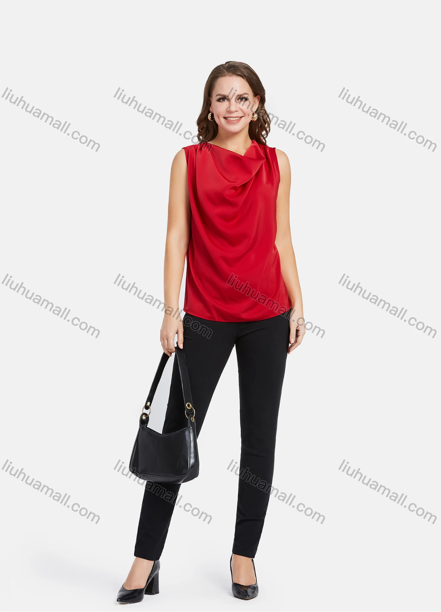 Wholesale Women's Elegant Cowl Neck Plain Pullover Sleeveless Blouse - Liuhuamall